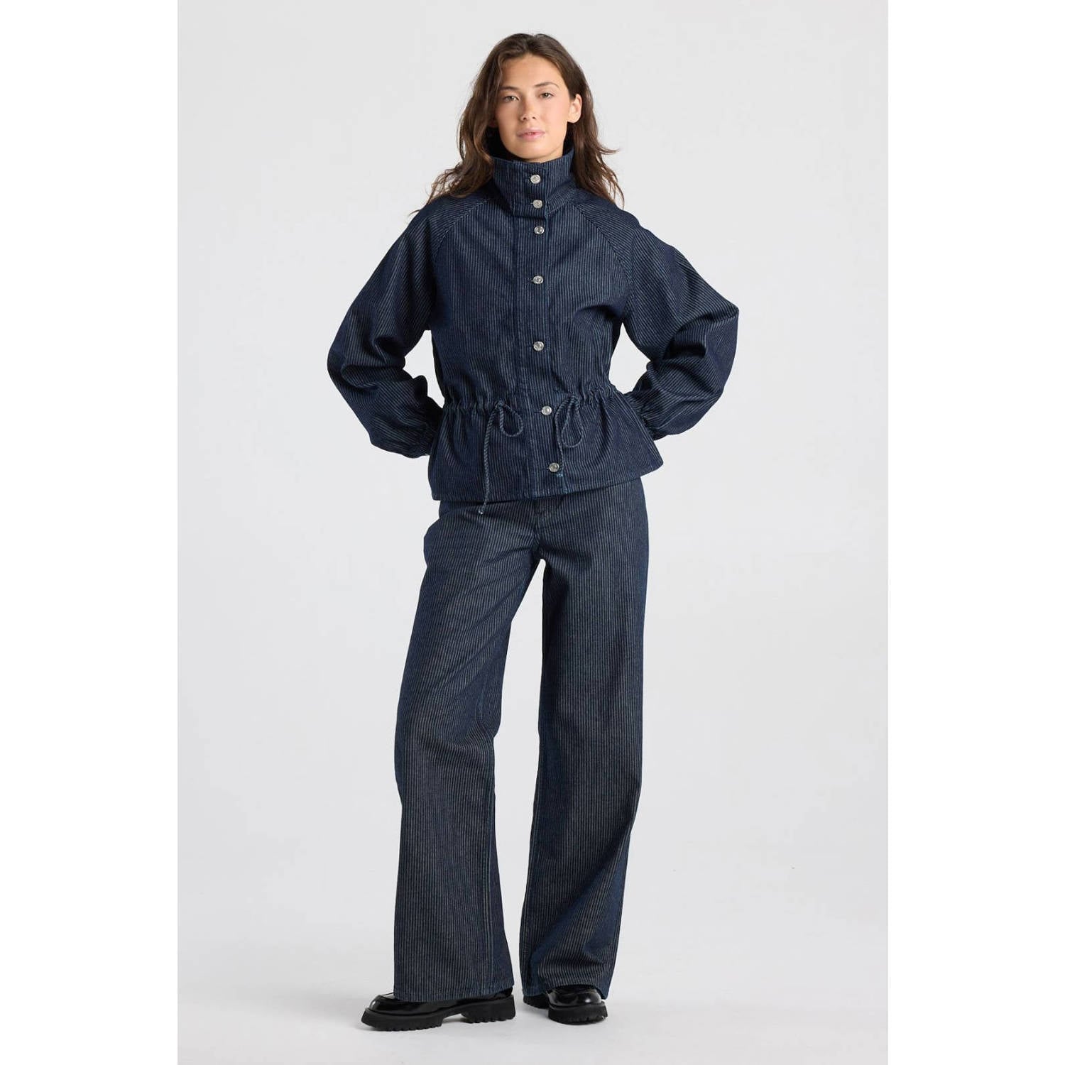 America Today katoenen gestreepte spijkerjas donkerblauw