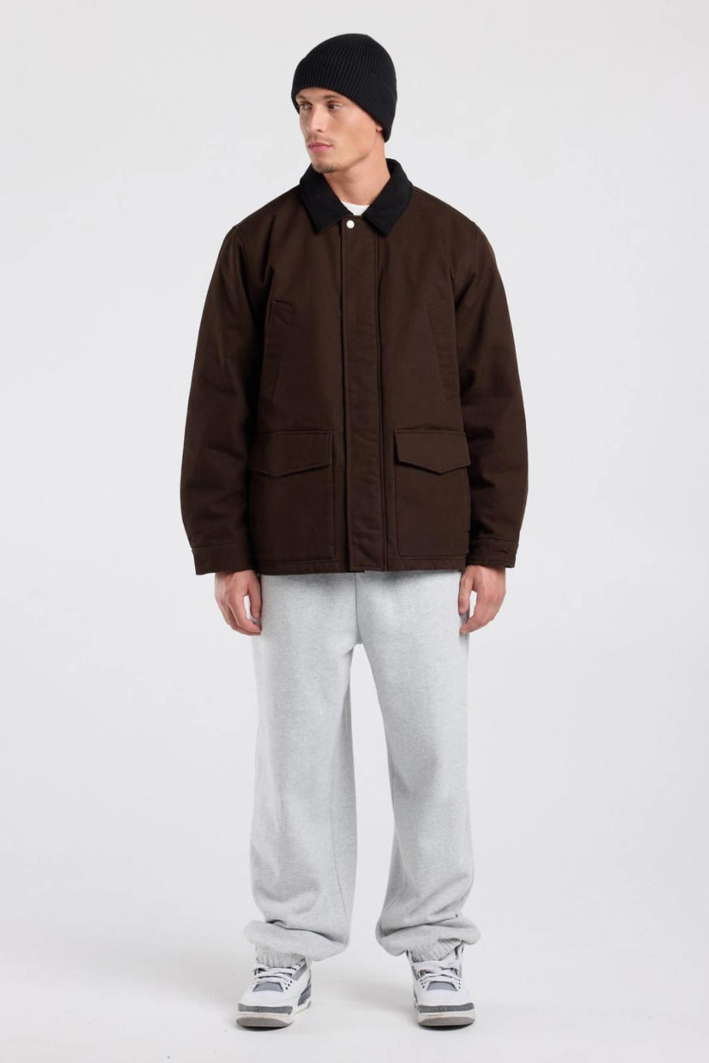 Donkerblauwe heren America Today corduroy winterjas van katoen met effen, klassieke kraag en rits- en drukknoopsluiting