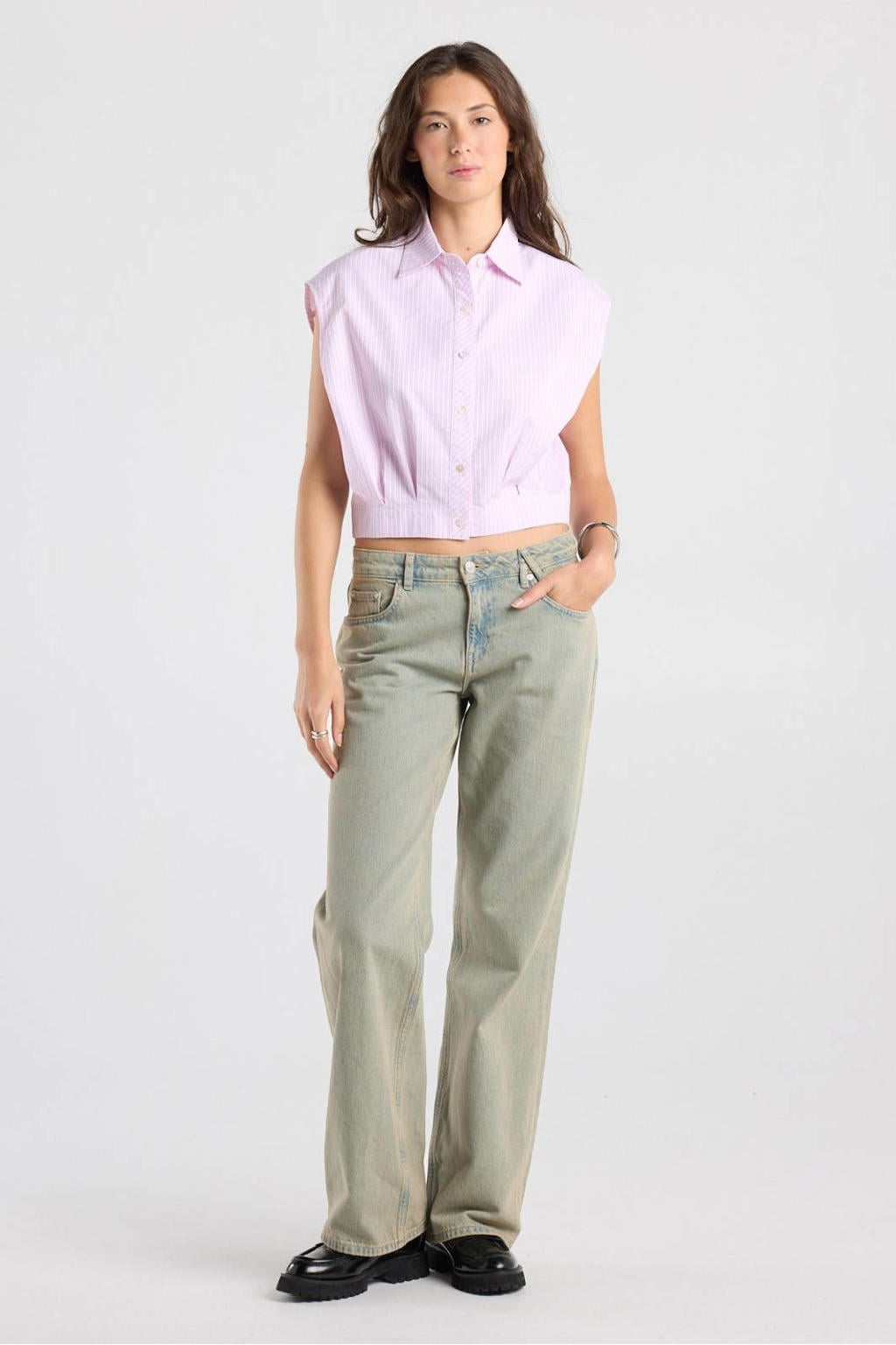 America Today gestreepte blouse met plooien - lichtroze