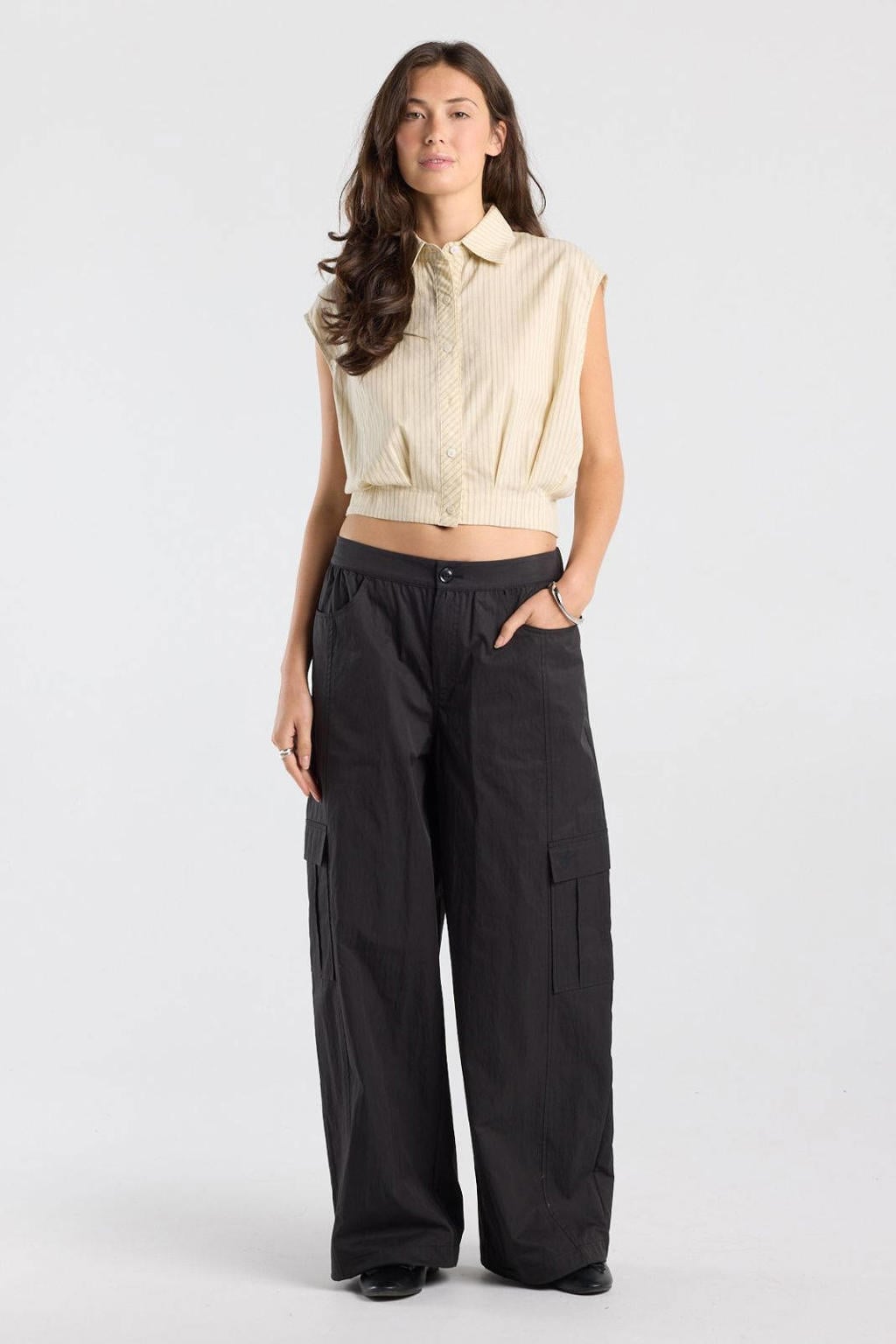 Lichtgele dames America Today gestreepte blouse van katoen met klassieke kraag, knoopsluiting en plooien
