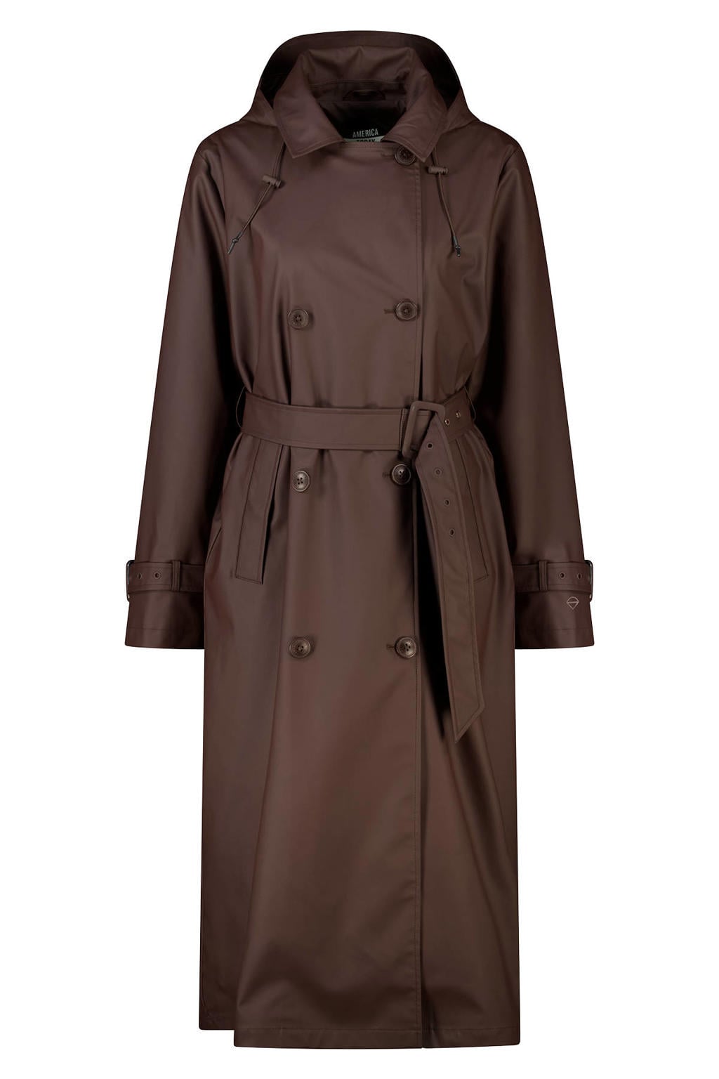 Donkerblauwe dames America Today regenjas van polyester met effen, lange mouwen, capuchon en knoopsluiting
