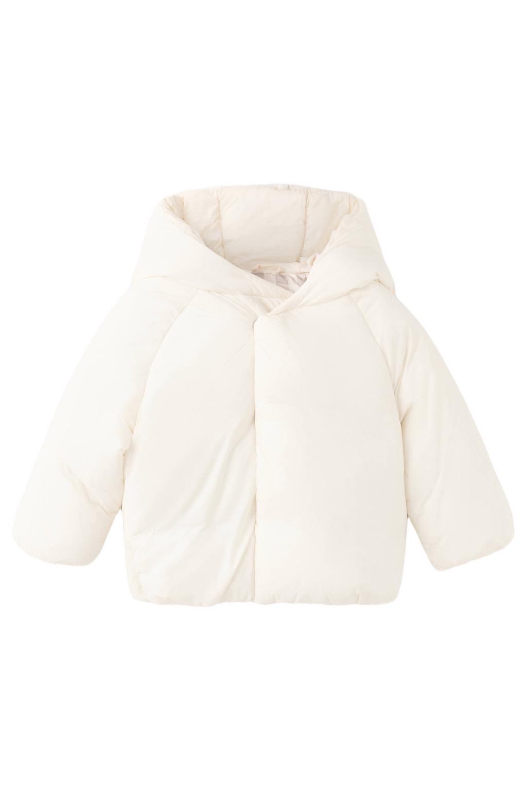 Ecru jongens Mango Kids gewatteerde winterjas van polyamide met effen, lange mouwen, capuchon en drukknoopsluiting