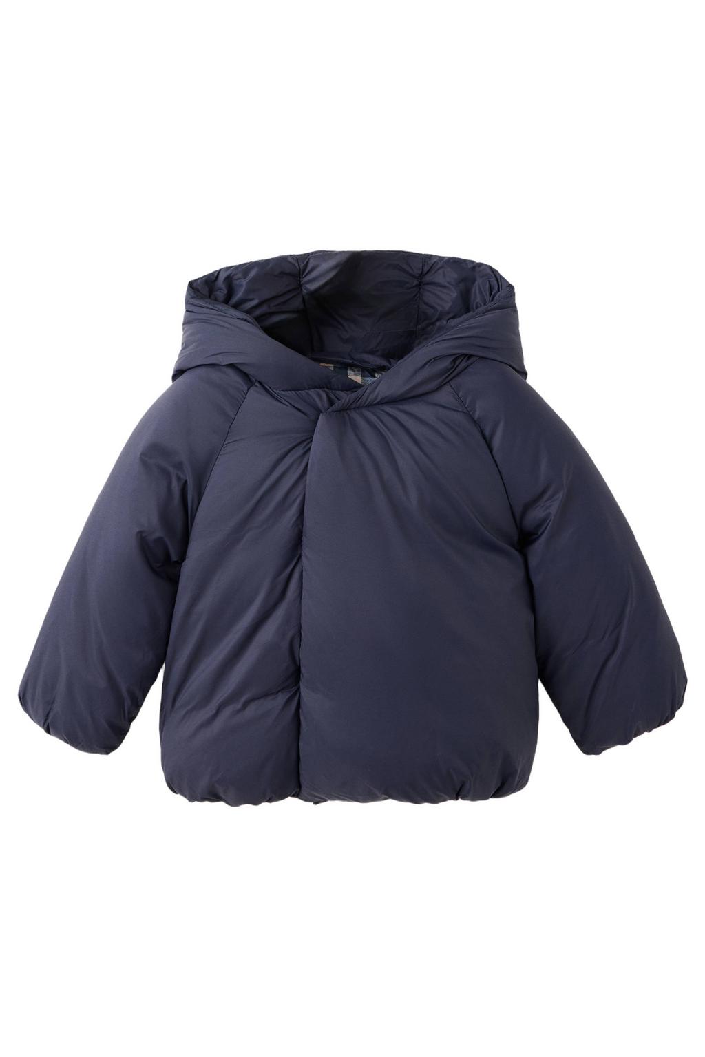Marineblauw jongens Mango Kids gewatteerde winterjas blauw van polyamide met effen, lange mouwen, capuchon en drukknoopsluiting