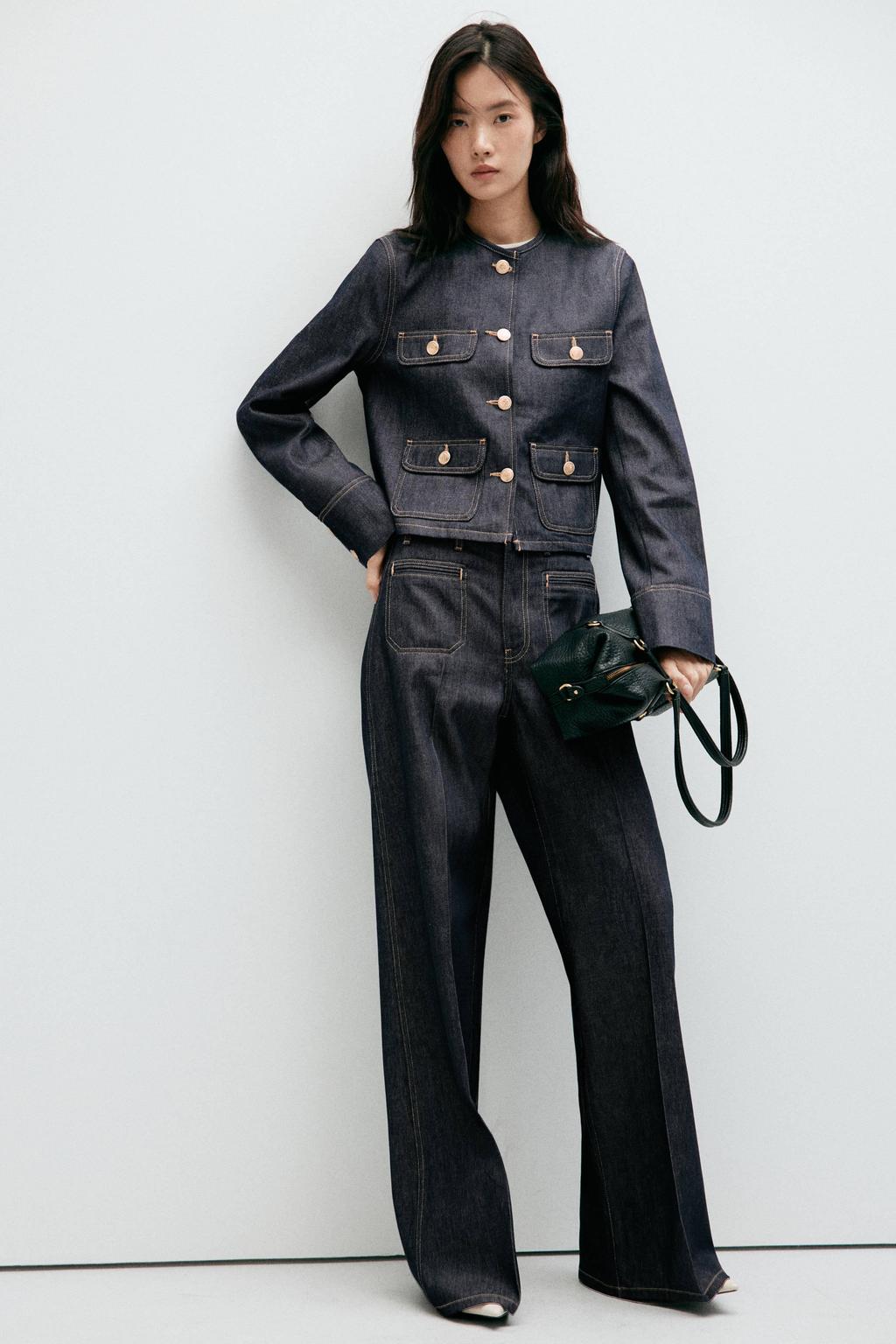 Dark blue denim dames Mango spijkerjas van denim met effen, lange mouwen en ronde hals
