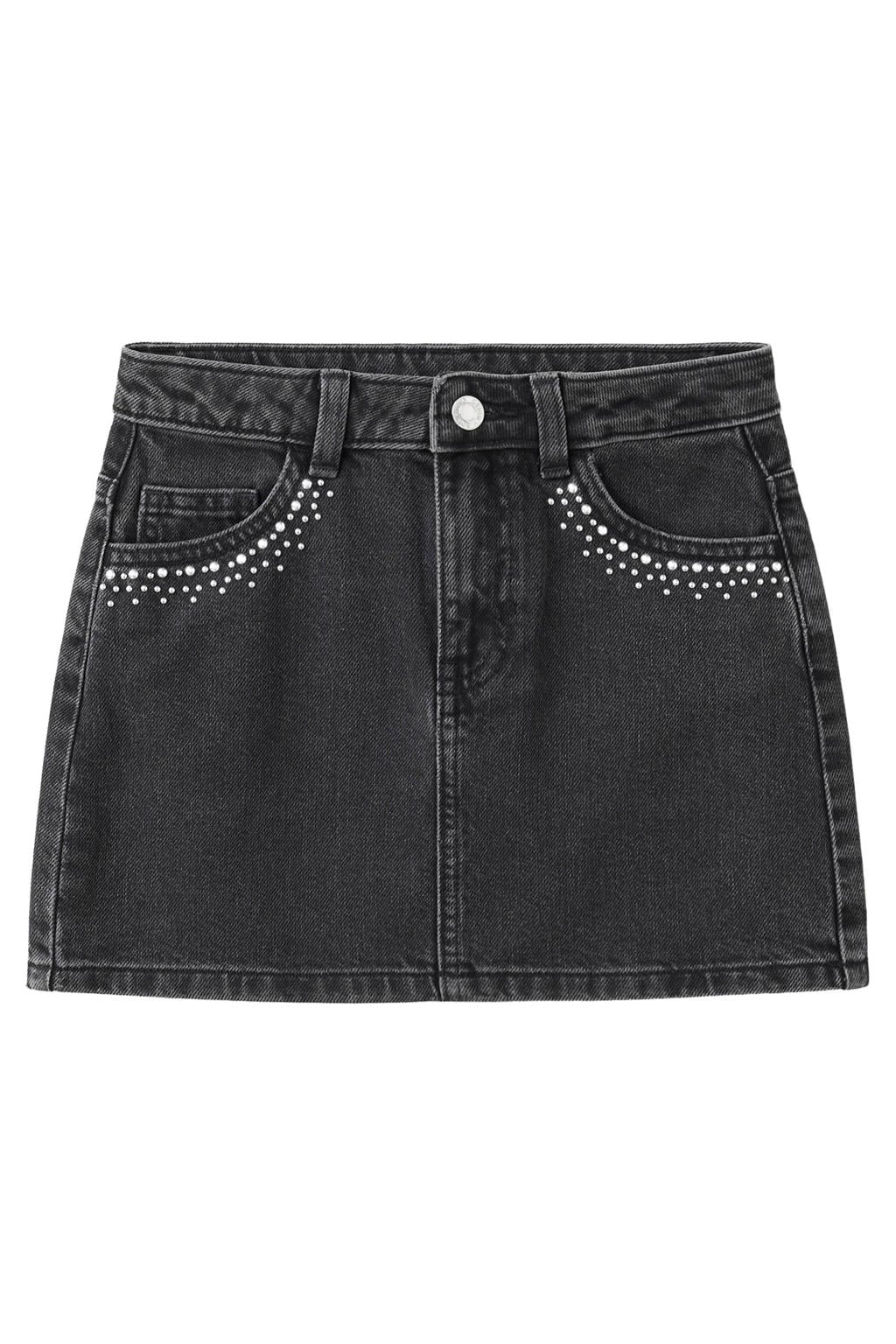 Grey denim meisjes Mango Kids korte spijkerrok met strass-steentjes gemaakt van denim en met rits- en knoopsluiting