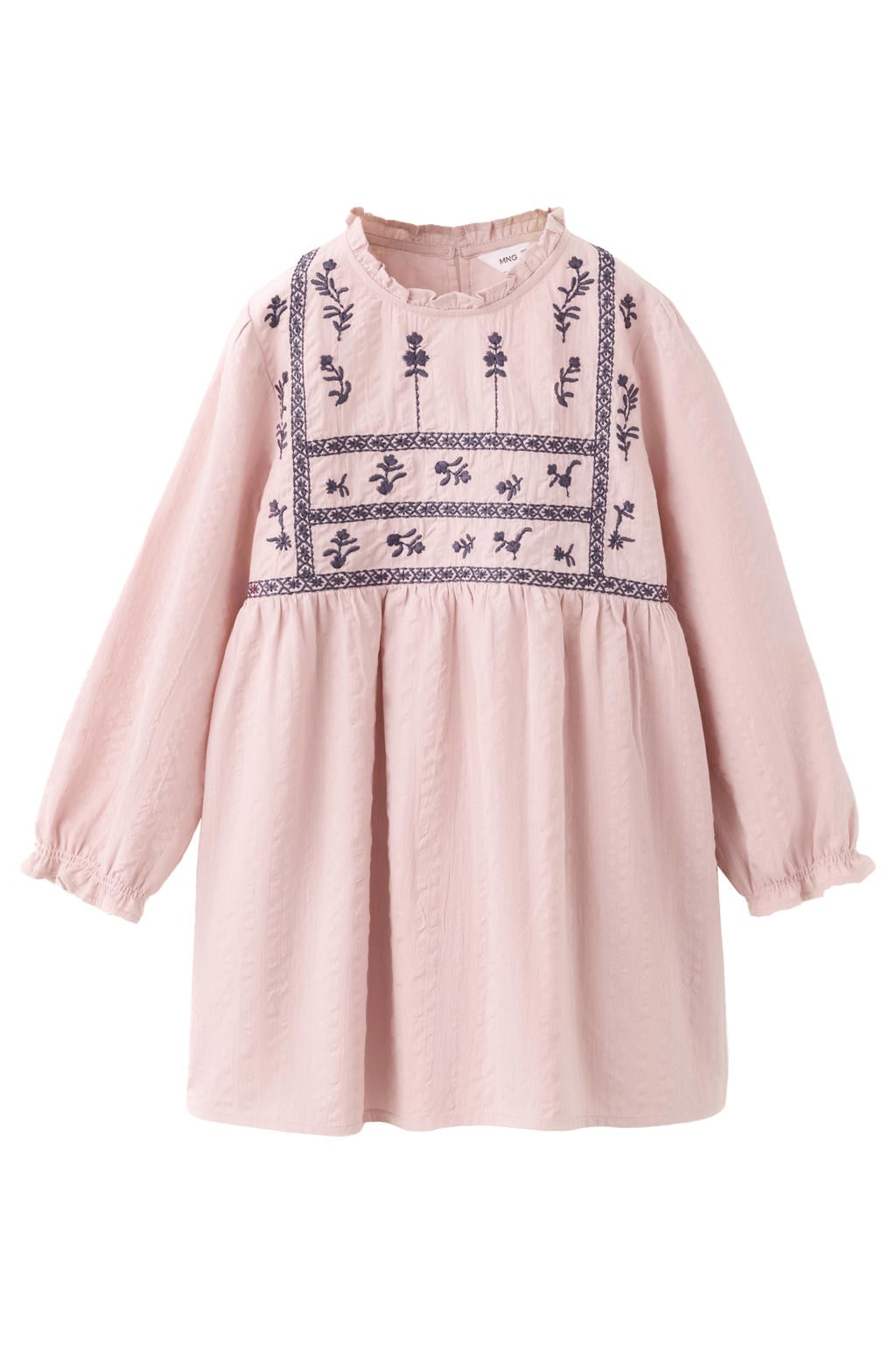 Roze meisjes Mango Kids A-lijn jurk met print met lange mouwen, ronde hals, knoopsluiting en borduursels