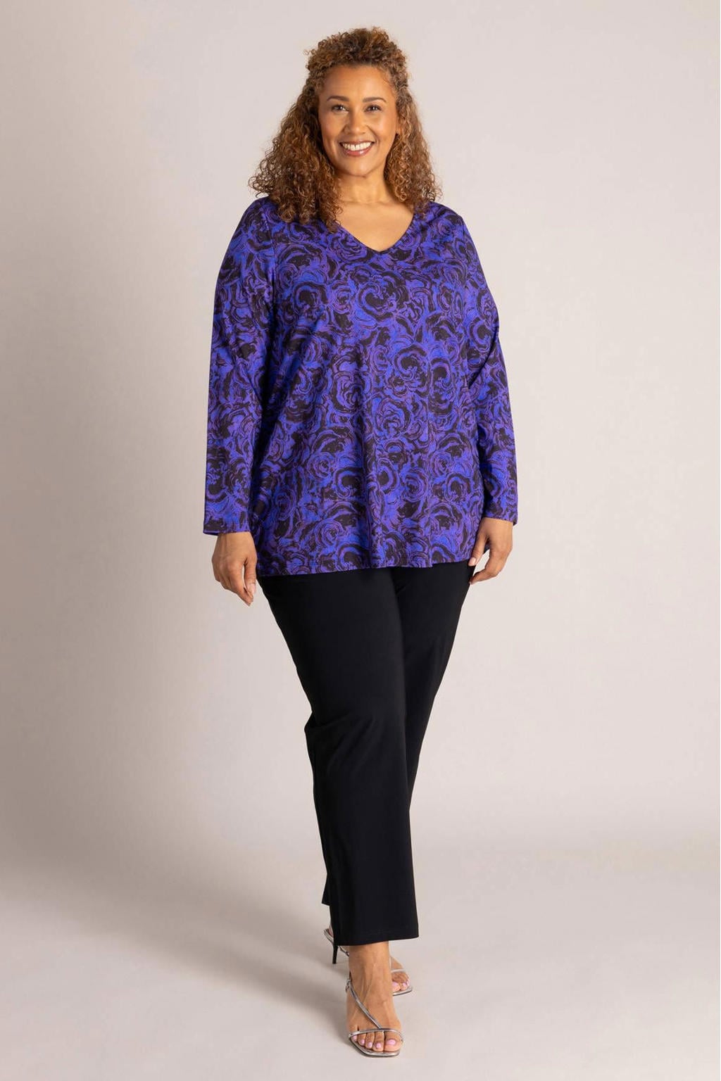 Paars en zwarte dames Colletta tuniek Plus Size van viscose met lange mouwen
