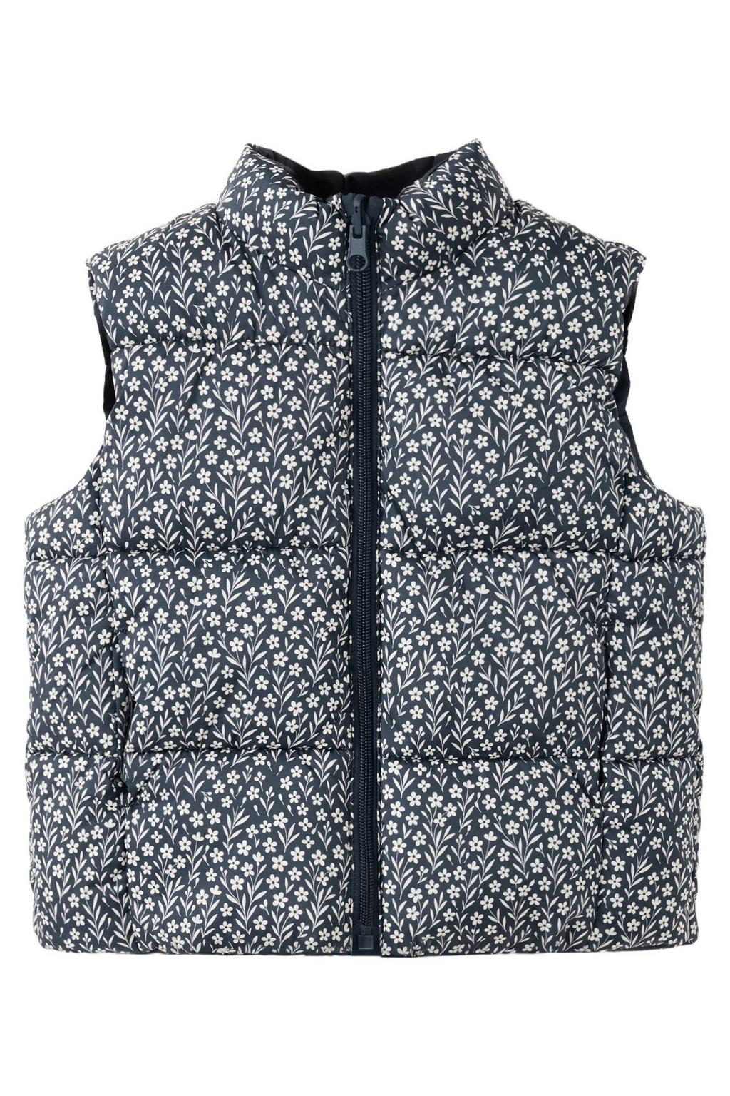 Marineblauw, marine en witte meisjes Mango Kids gebloemde bodywarmer blauw van polyester met opstaande kraag en ritssluiting