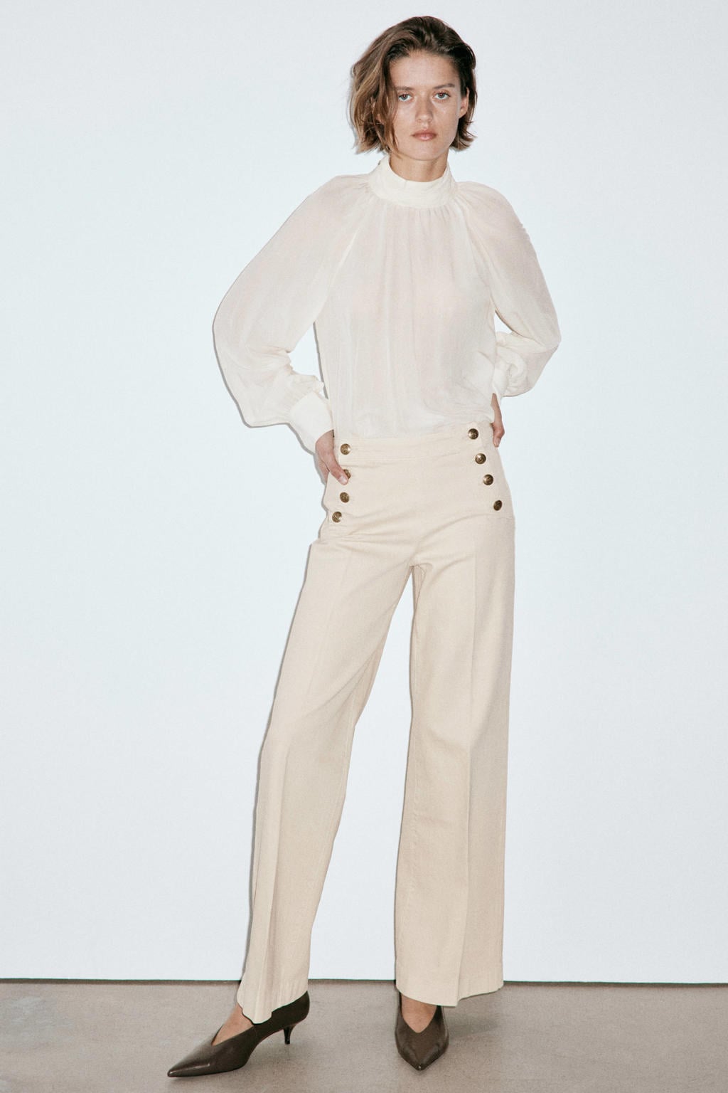 Beige dames Mango wide leg jeans van denim met knoopsluiting en effen
