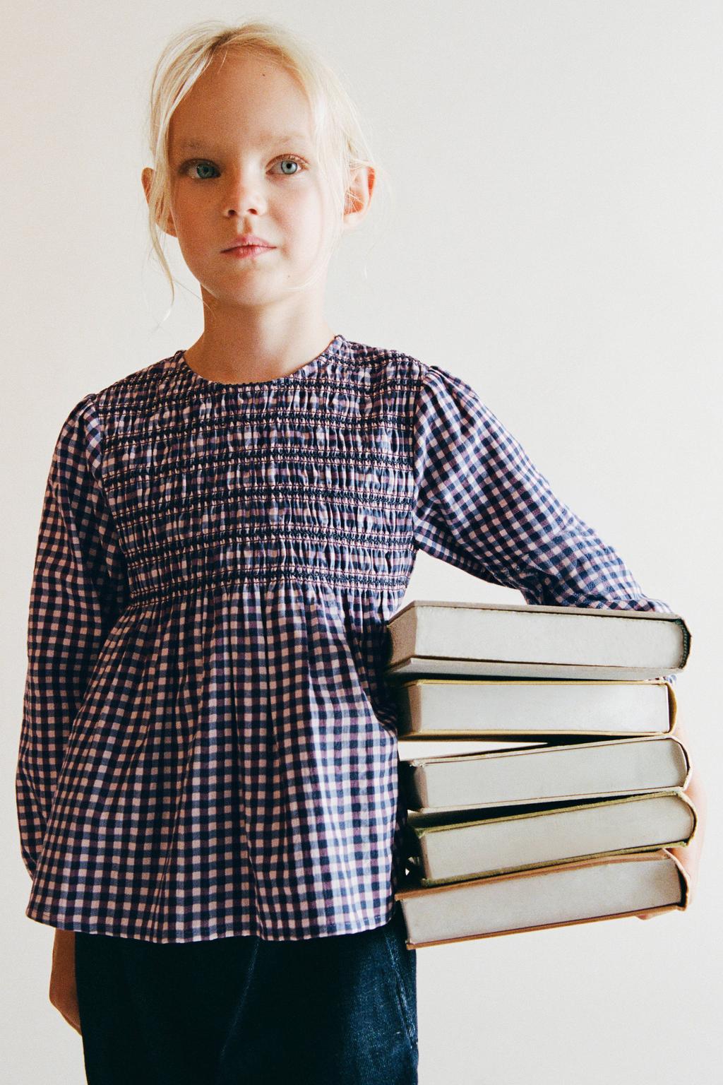 Mango Kids A-lijn geruite blousetop met smockwerk - roze/blauw/paars