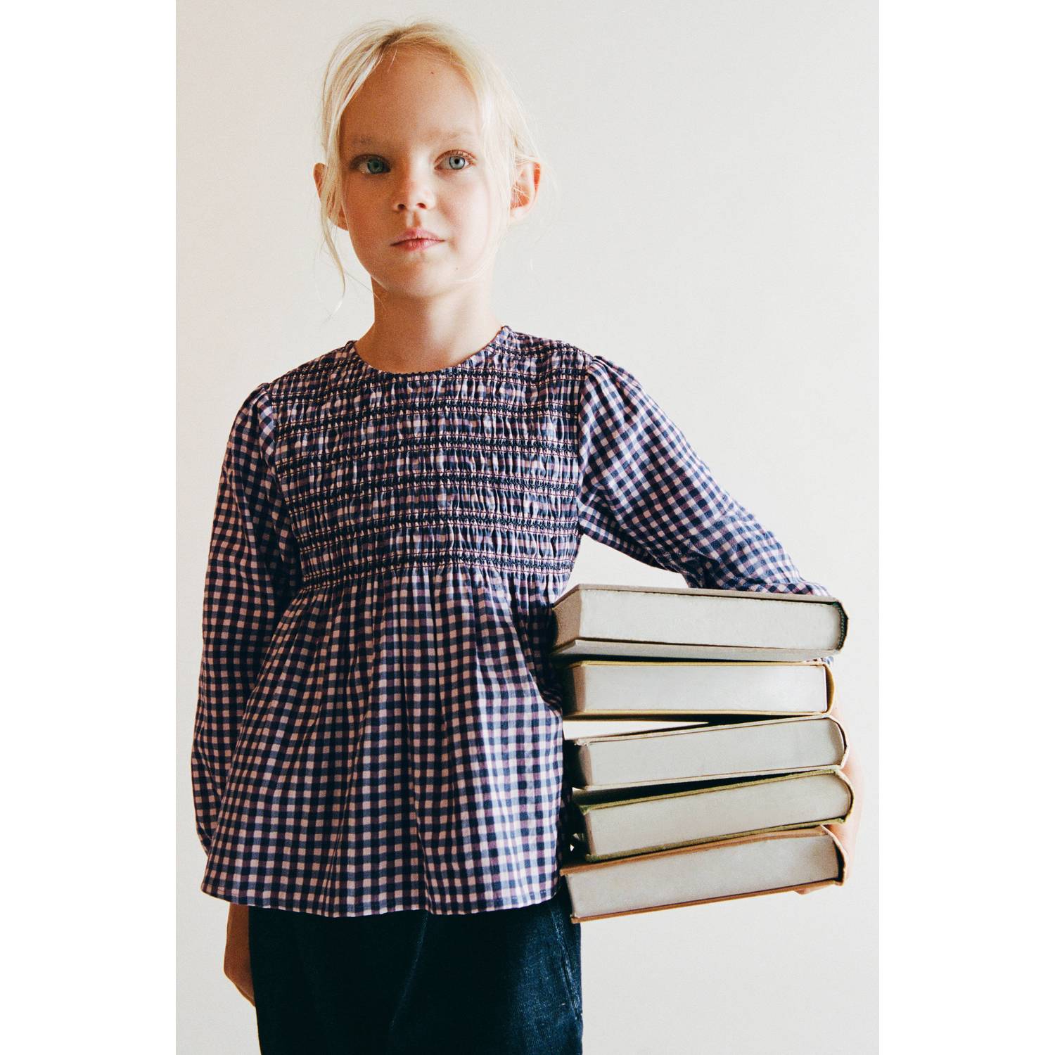 Mango Kids A-lijn geruite blousetop met smockwerk roze blauw paars