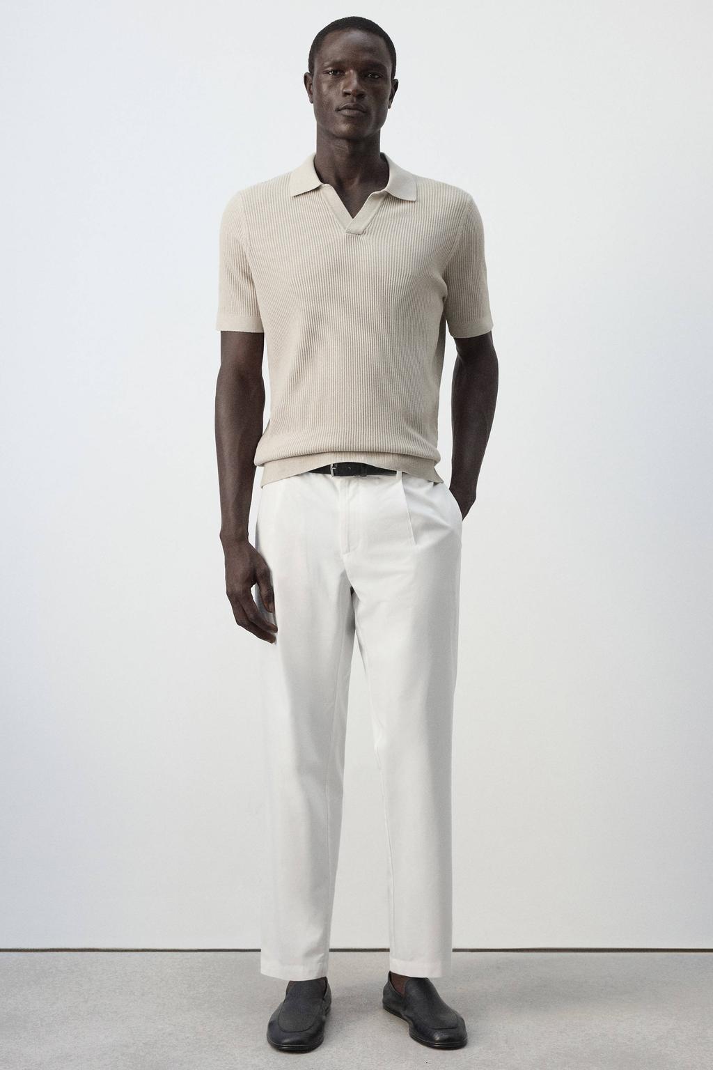 Beige heren Mango Man regular fit gebreide polo van katoen met effen en korte mouwen