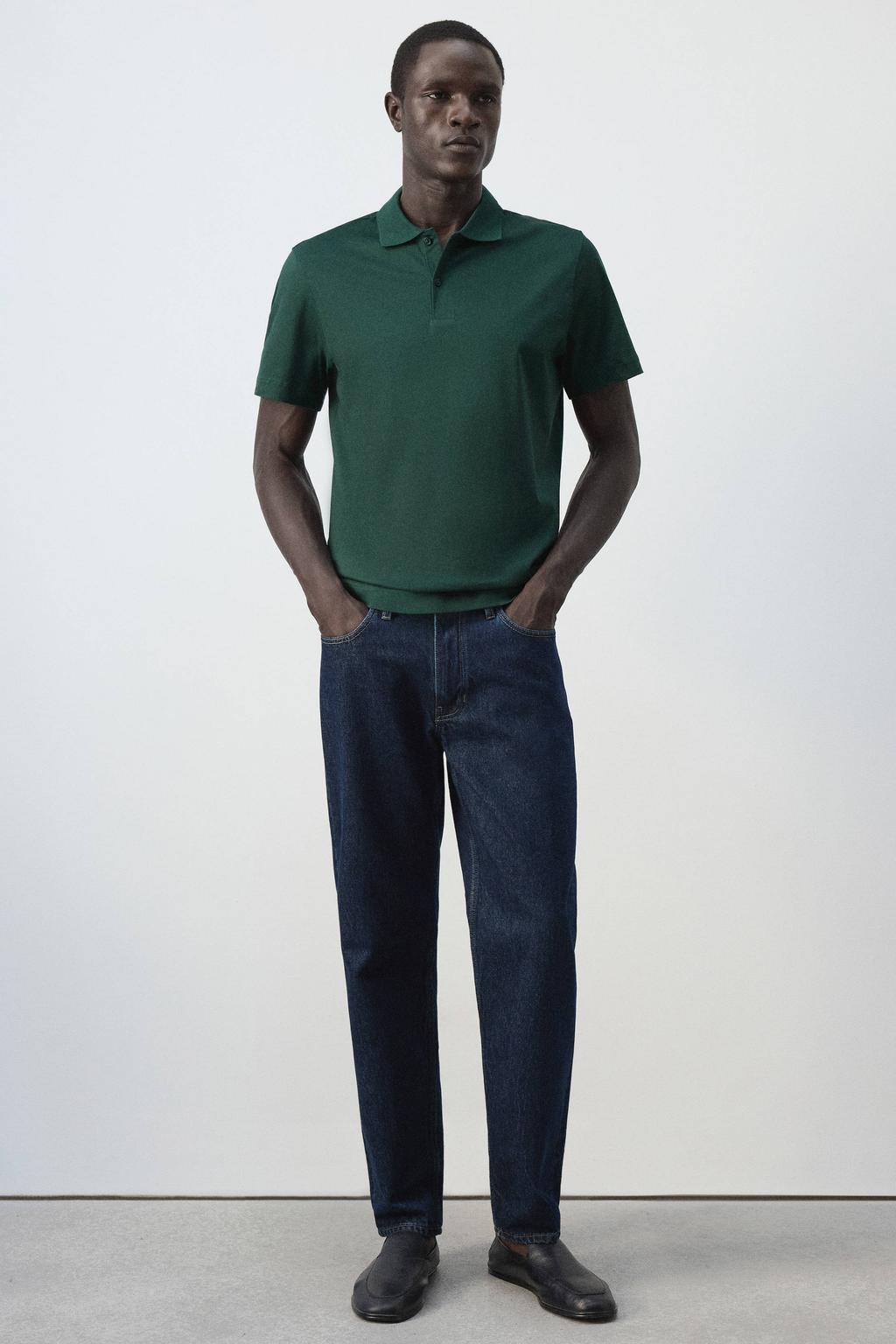 Groene heren Mango Man regular fit gebreide polo van katoen met effen en korte mouwen