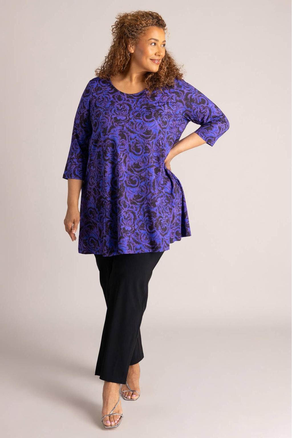 Paars en zwarte dames Colletta tuniek Plus Size van viscose met driekwart mouwen en knoopsluiting