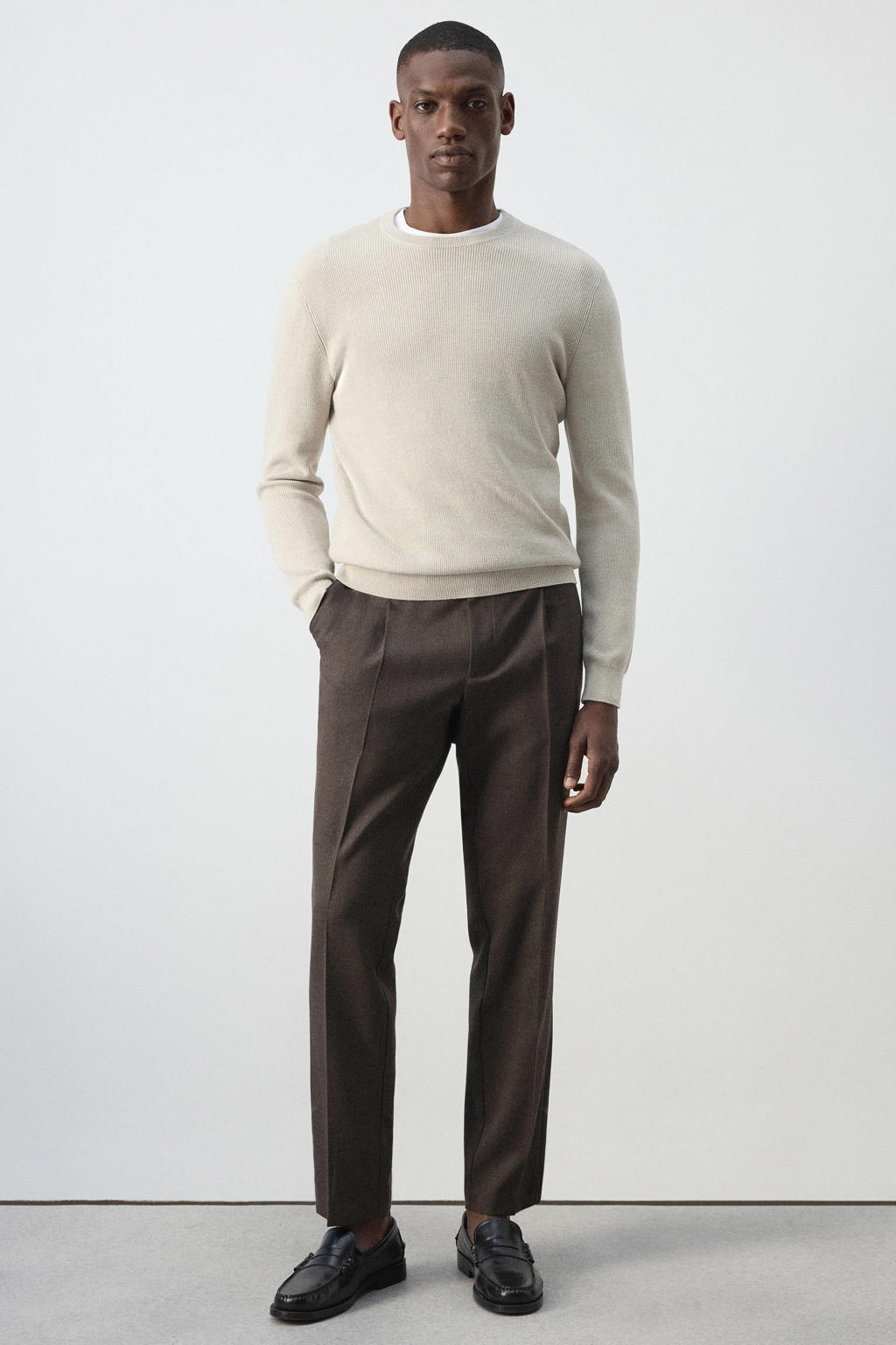 Mango Man katoenen regular fit gebreide trui - lichtbeige