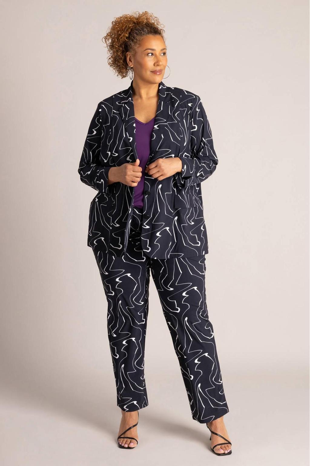 Zwart en witte dames Colletta regular fit blazer Plus Size van polyamide met lange mouwen en reverskraag