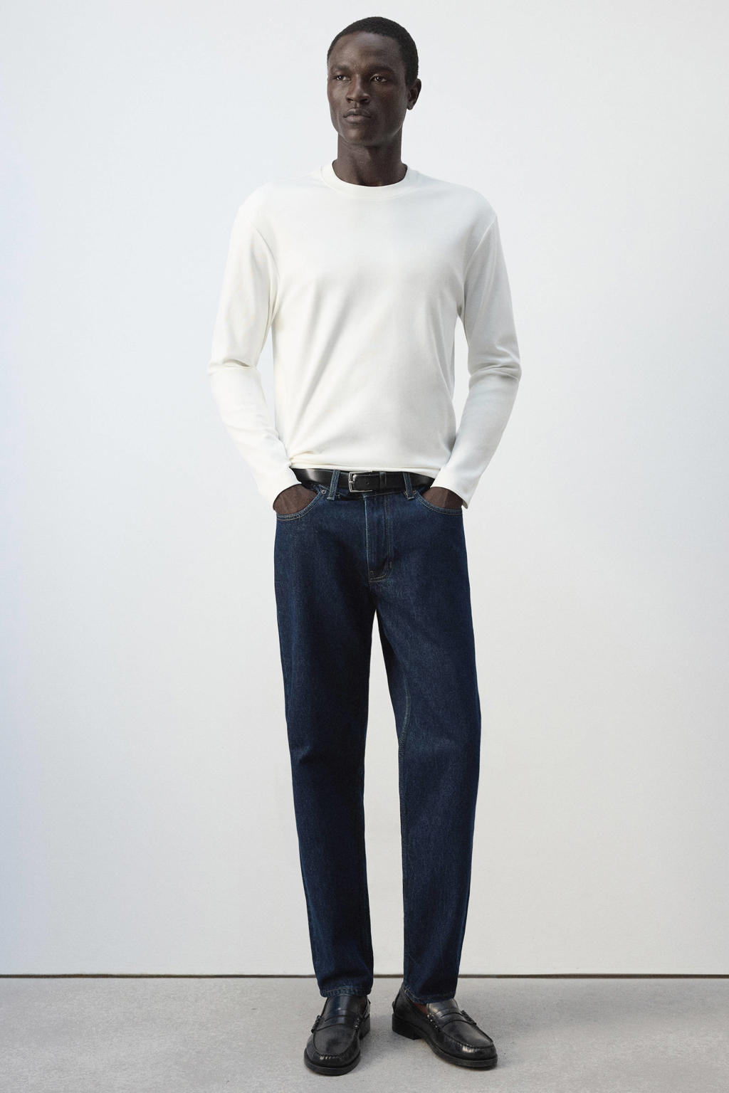 Witte heren Mango Man regular fit longsleeve van katoen met effen, lange mouwen, ronde hals en geribde boorden