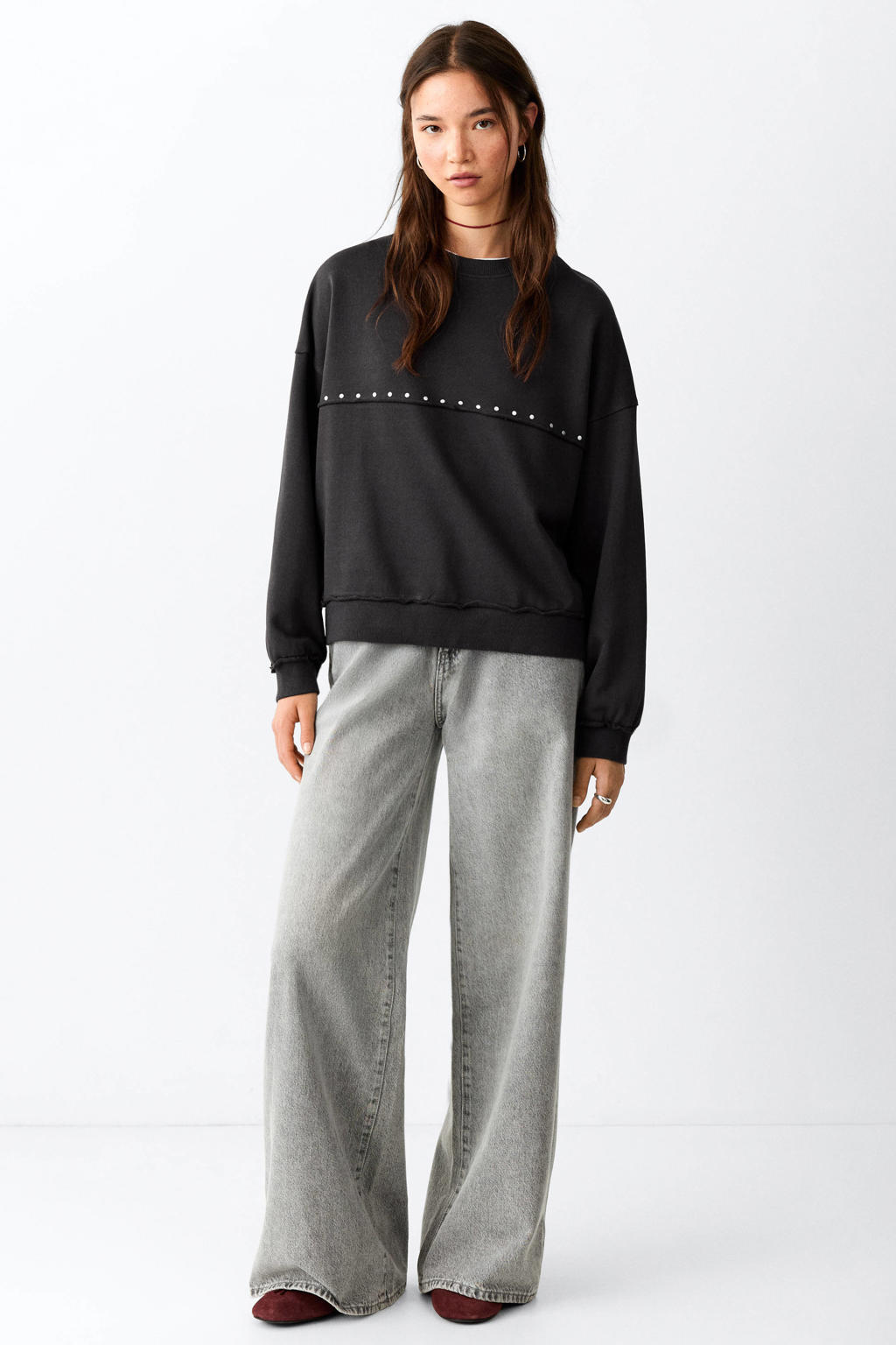 Antraciete meisjes MANGO TEEN sweater met effen, lange mouwen, ronde hals en studs
