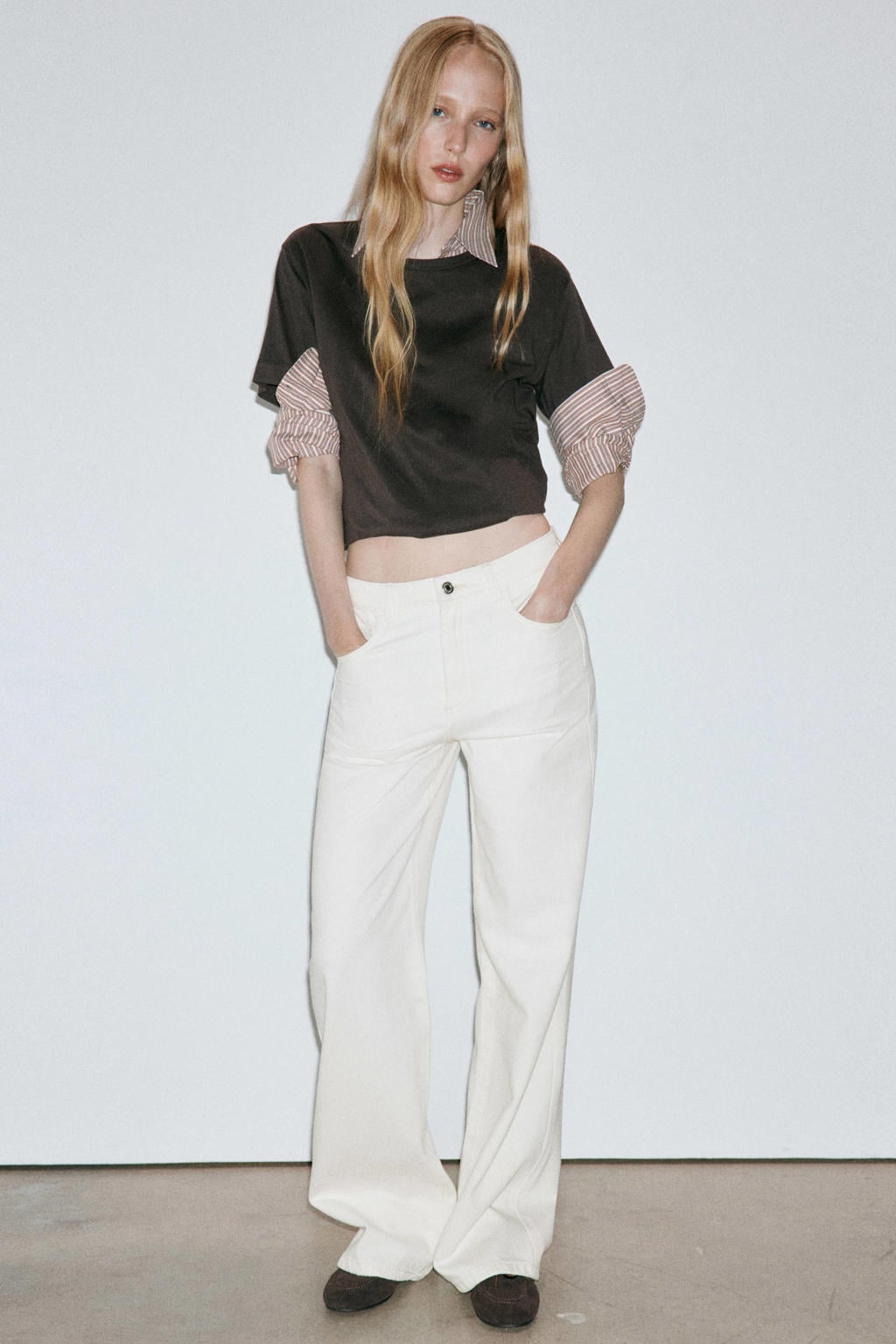 Beige dames Mango wide leg jeans van denim met high waist, rits- en knoopsluiting en effen