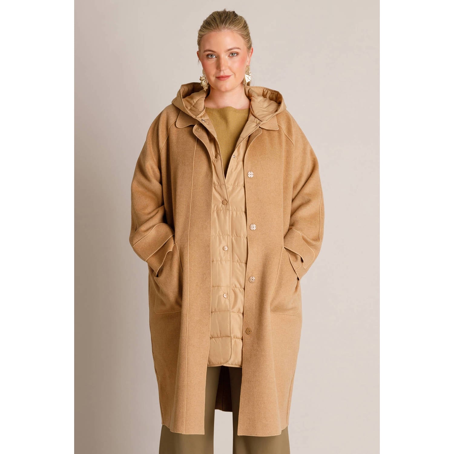 Yest Curve Plus Size wintermantel met wol camel