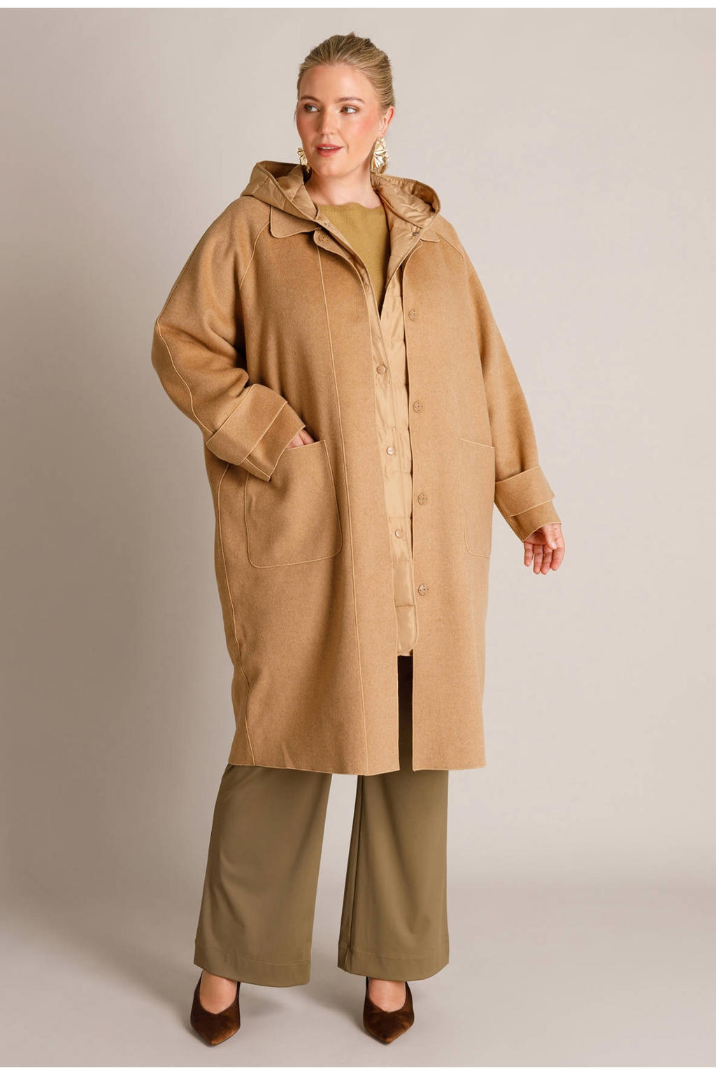 Yest Curve Plus Size wintermantel met wol - camel