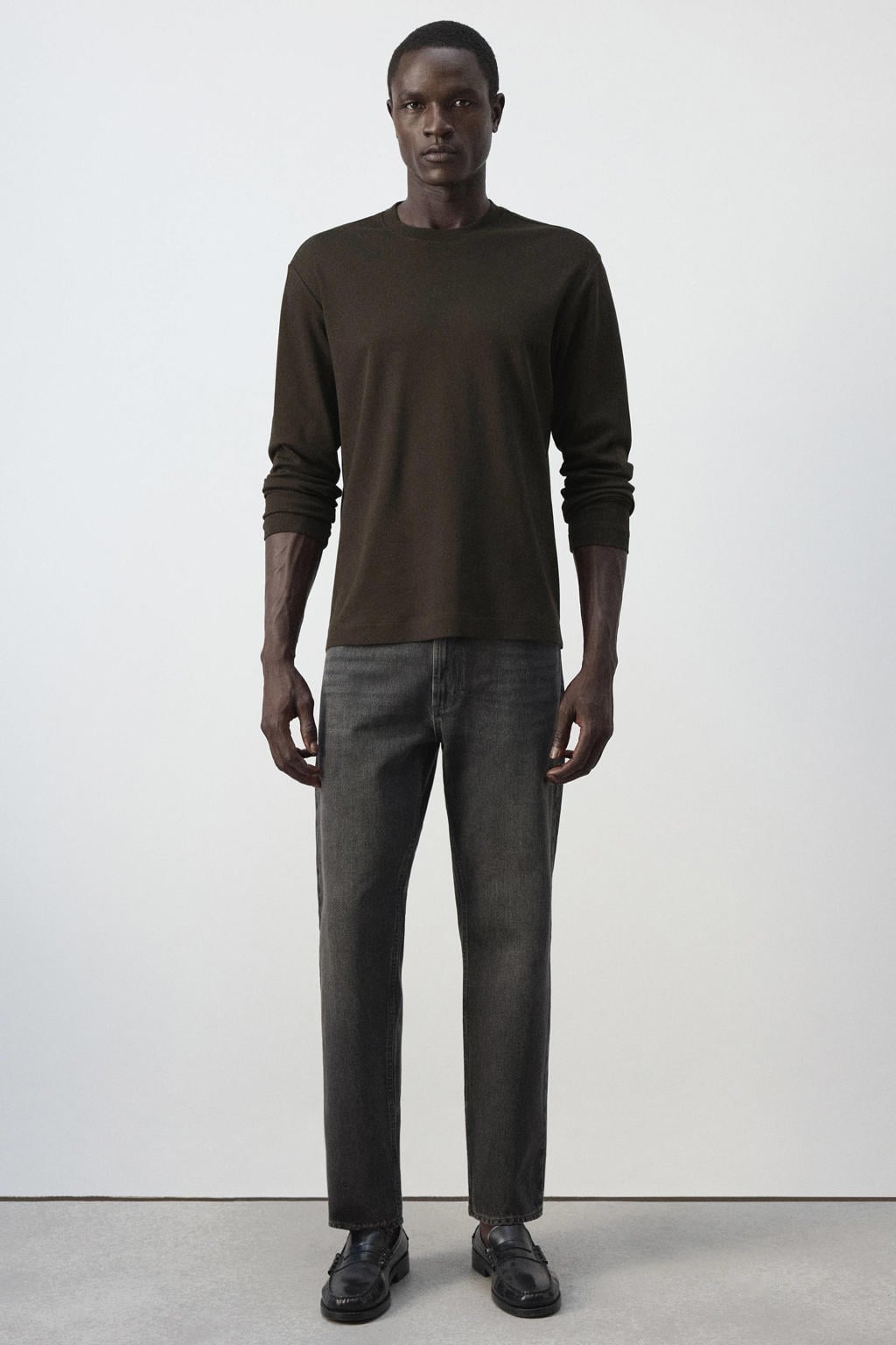 Bruine heren Mango Man regular fit longsleeve van katoen met effen, lange mouwen, ronde hals en geribde boorden