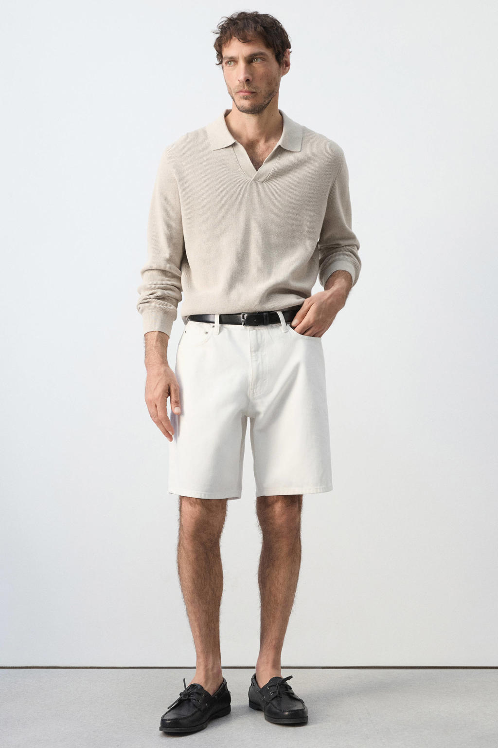 Beige heren Mango Man van katoen met effen, lange mouwen en polo kraag