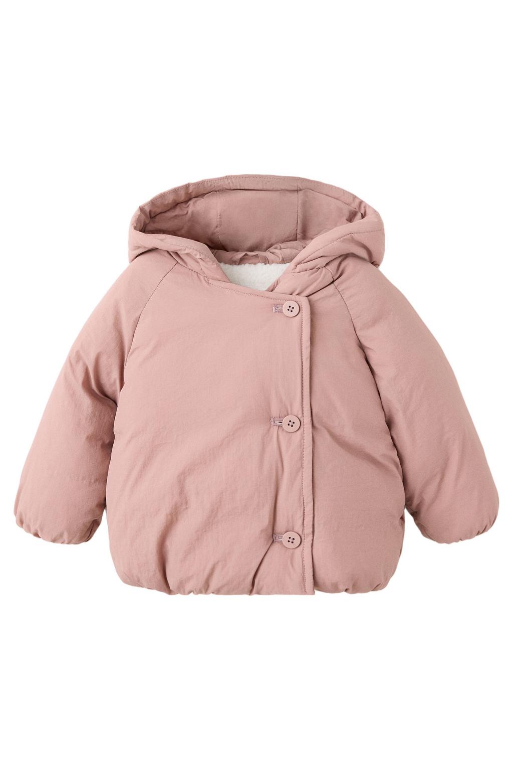 Roze meisjes Mango Kids gewatteerde anorak van polyamide met effen, lange mouwen, capuchon en knoopsluiting