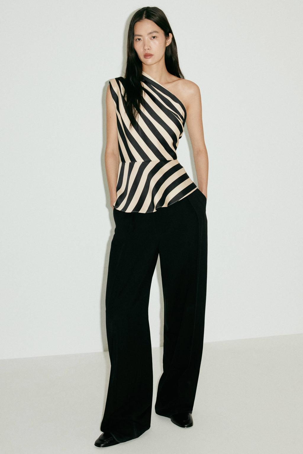 Zwart en ecru dames Mango gestreepte top van polyester met one shoulder en peplum