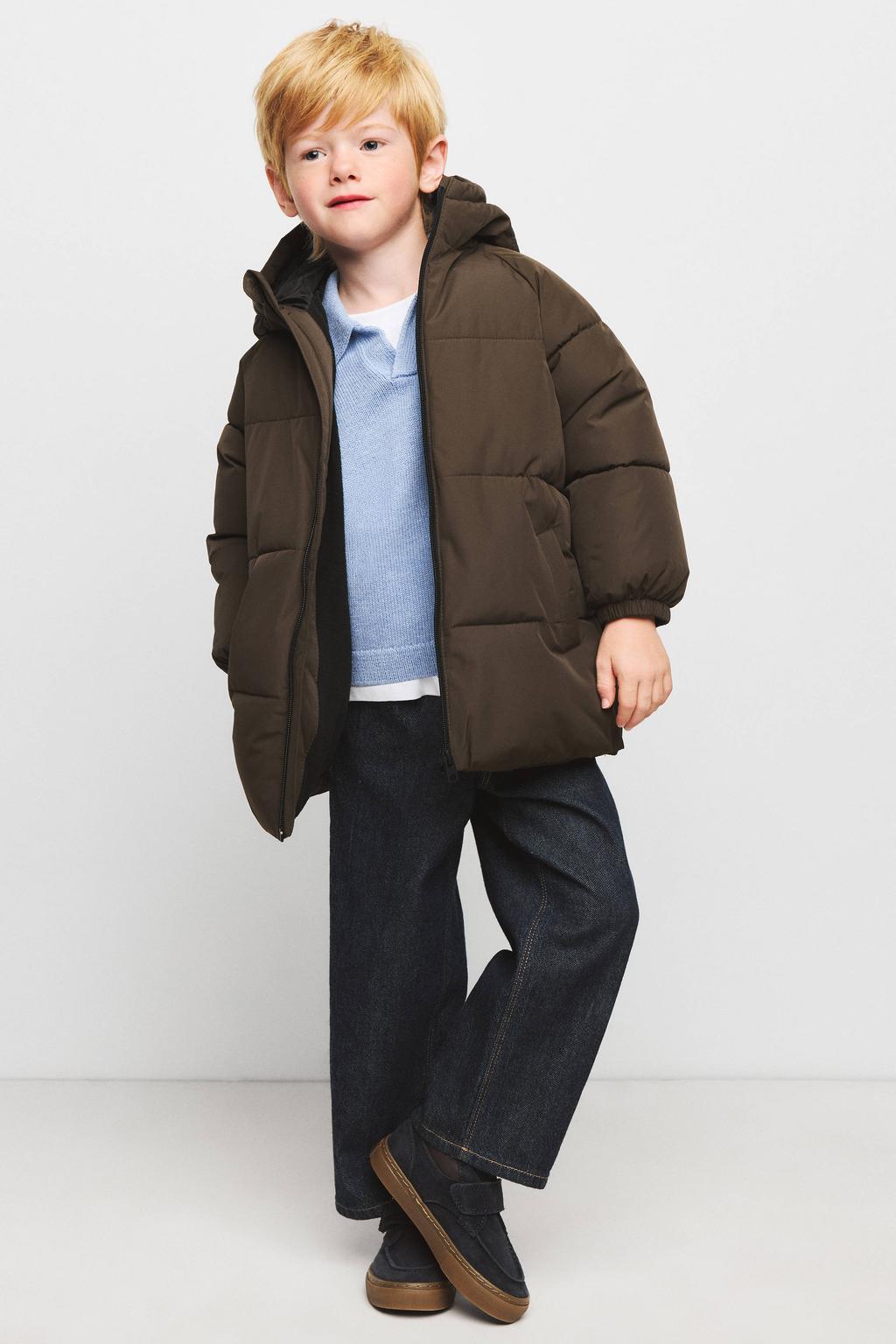 Bruine jongens Mango Kids gewatteerde winterjas van polyester met effen, lange mouwen, capuchon en ritssluiting