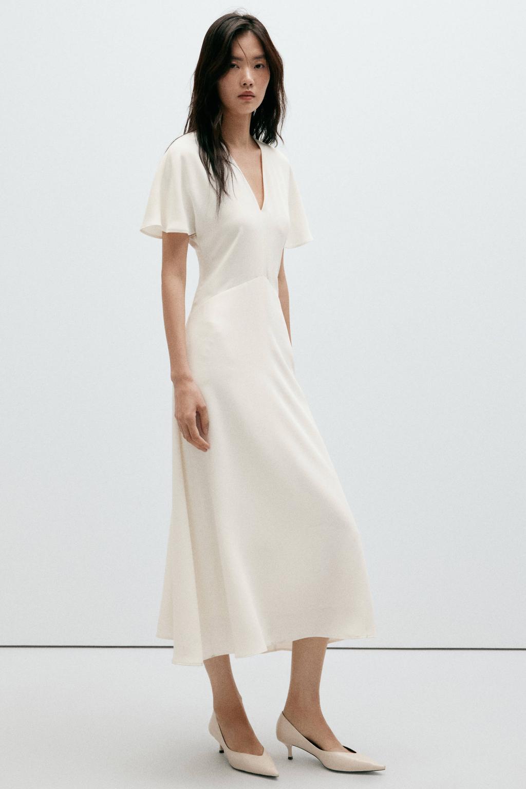 Ecru dames Mango midi jurk van polyester met effen, korte mouwen, V-hals en ritssluiting
