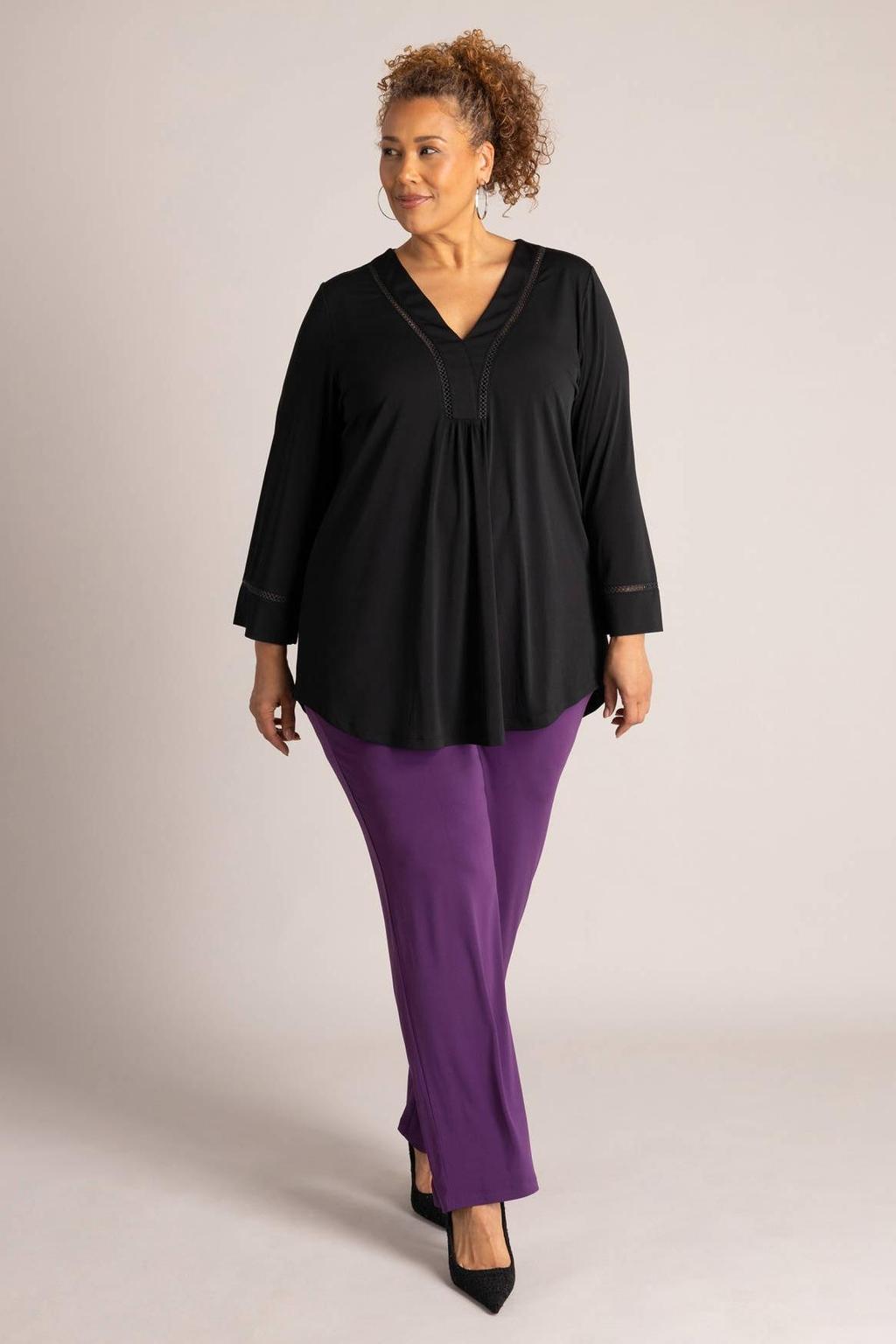 Zwarte dames Colletta tuniek Plus Size van polyester met effen en driekwart mouwen