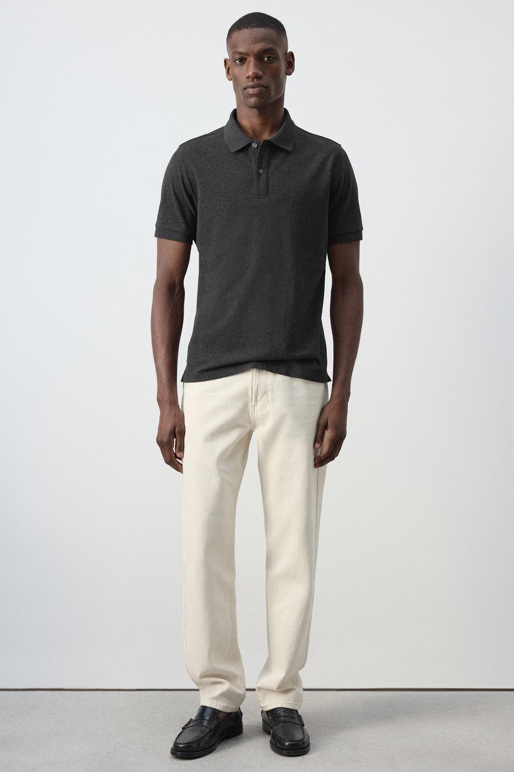 Grijze heren Mango Man regular fit gemêleerde piqué polo van katoen met melée print, korte mouwen, klassieke kraag en geribde boorden