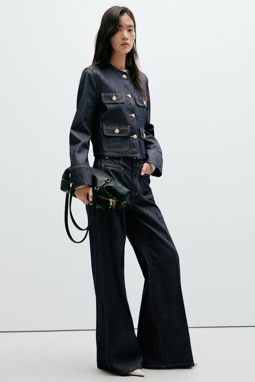Dark blue denim dames Mango wide leg jeans van denim met high waist, rits- en knoopsluiting en effen