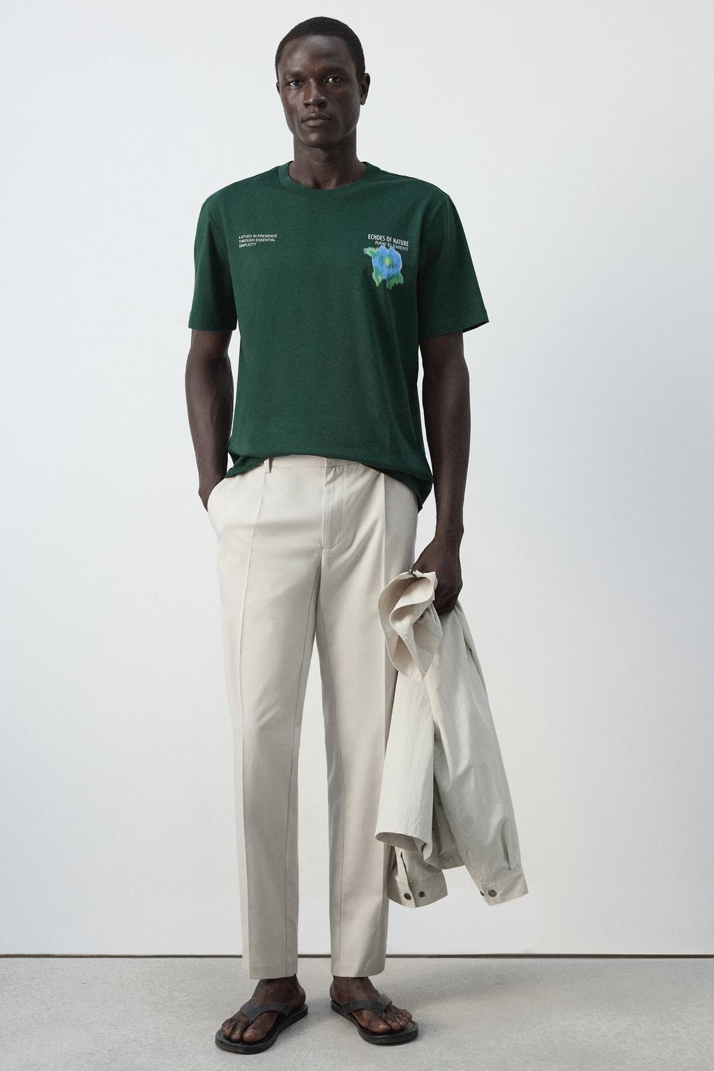 Donkergroene heren Mango Man regular fit T-shirt van katoen met korte mouwen en ronde hals