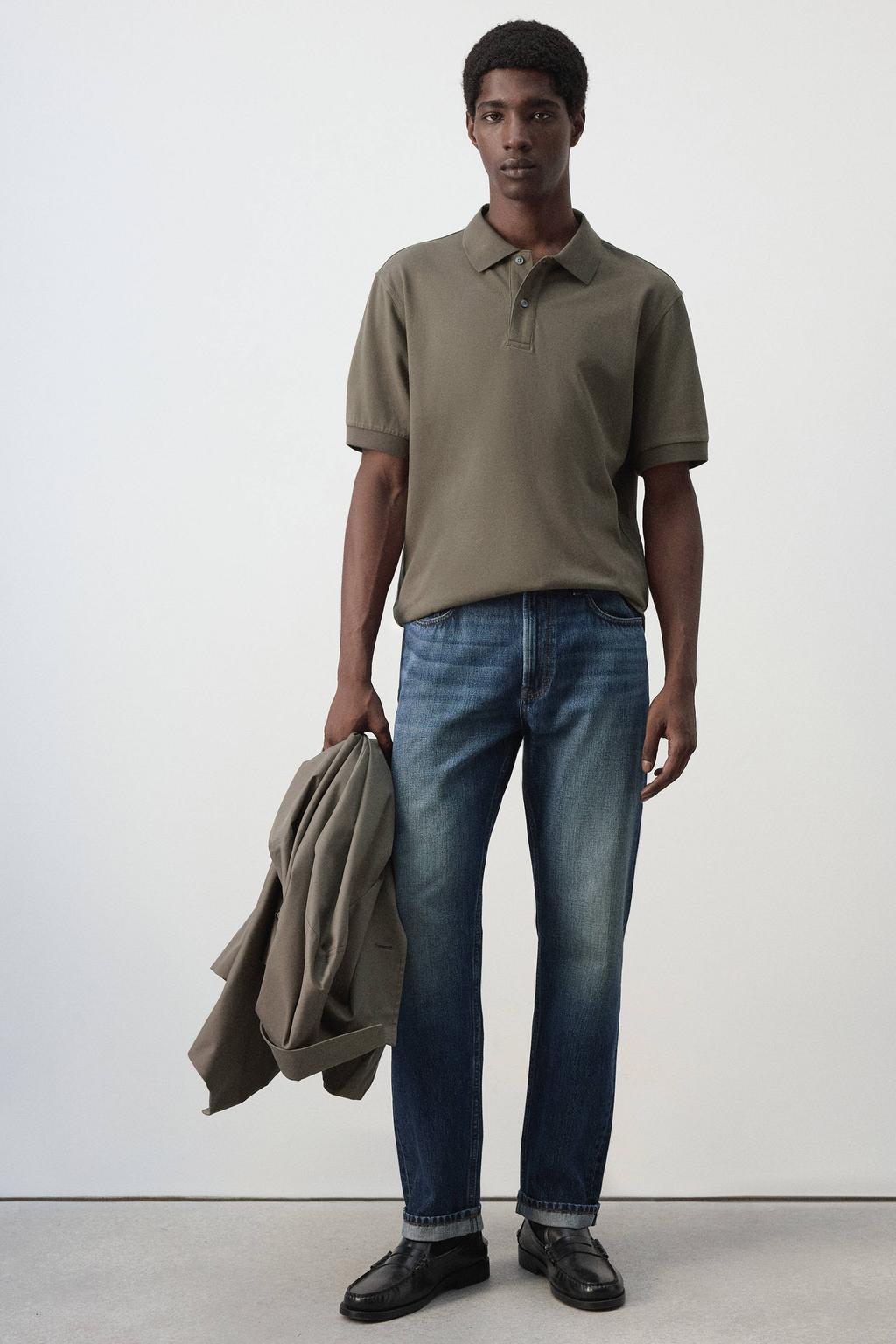 Grijze heren Mango Man regular fit gebreide piqué polo van katoen met effen en korte mouwen