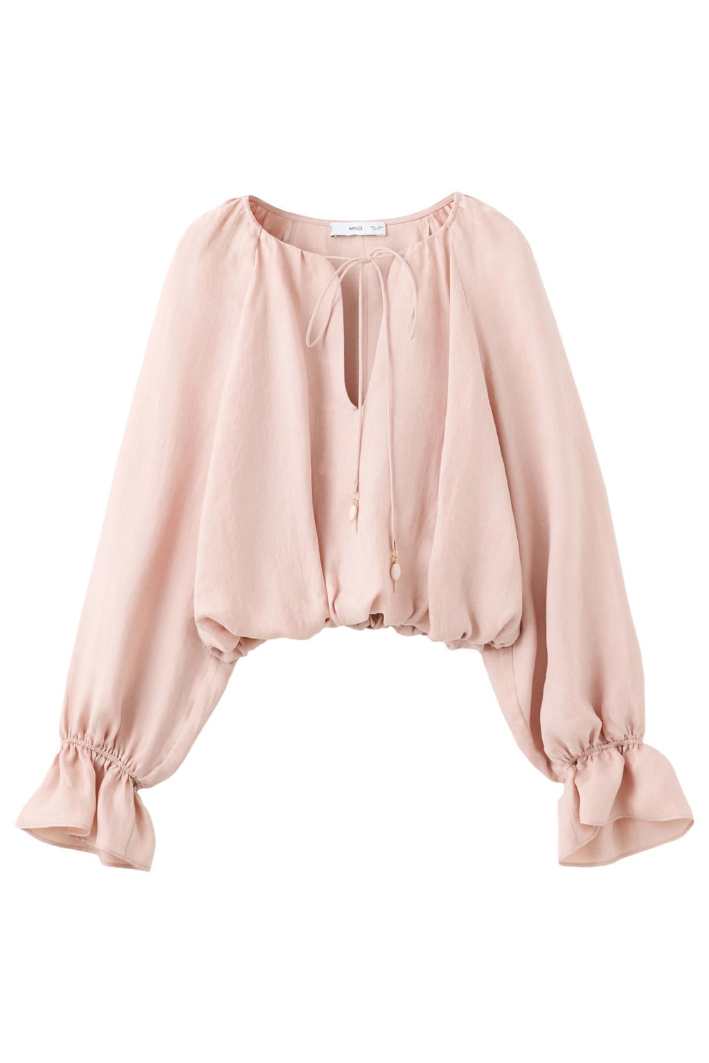 Lichtroze dames Mango top van lyocell met effen, lange mouwen en ronde hals