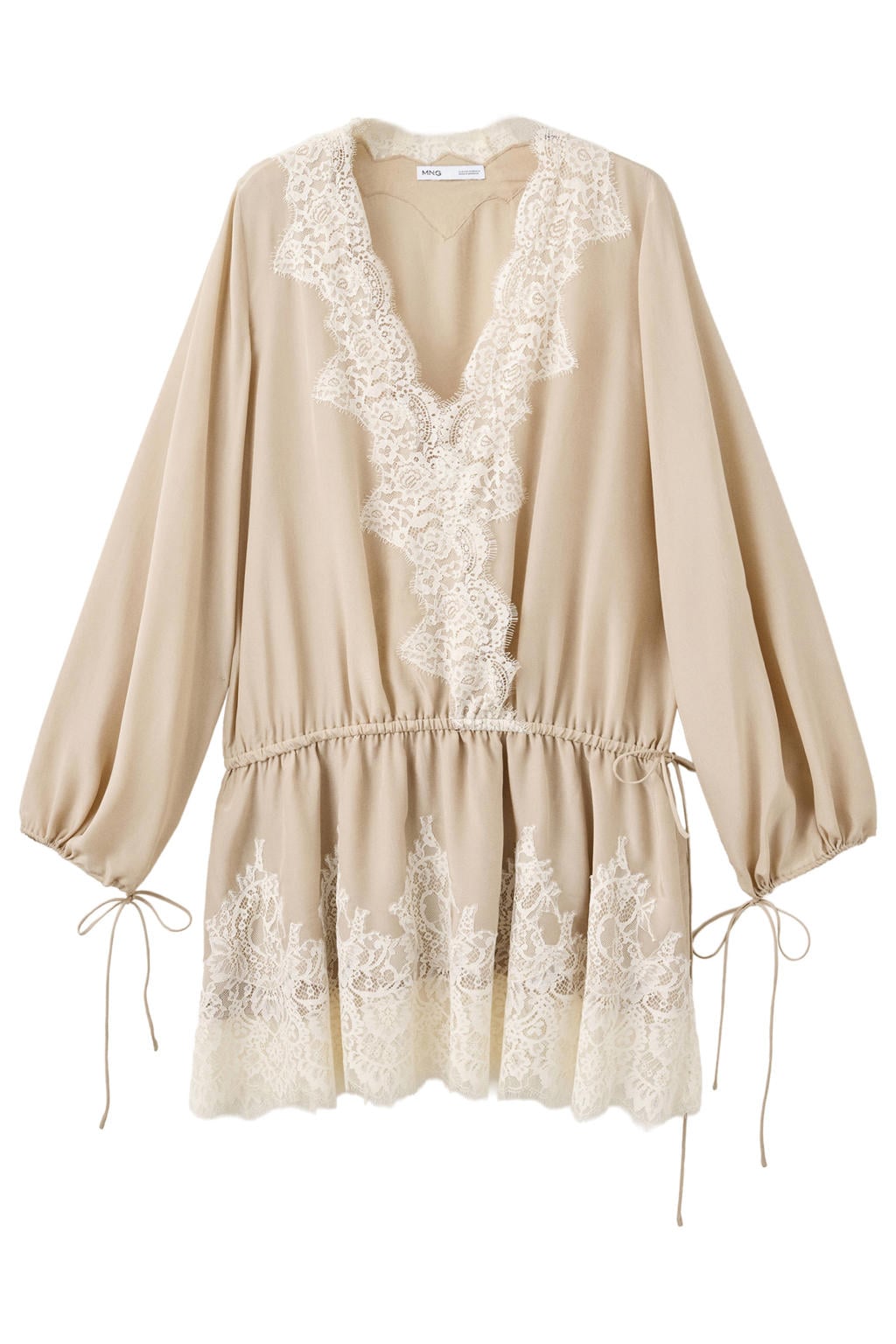 Beige dames Mango korte jurk van viscose met effen, lange mouwen, V-hals en kant