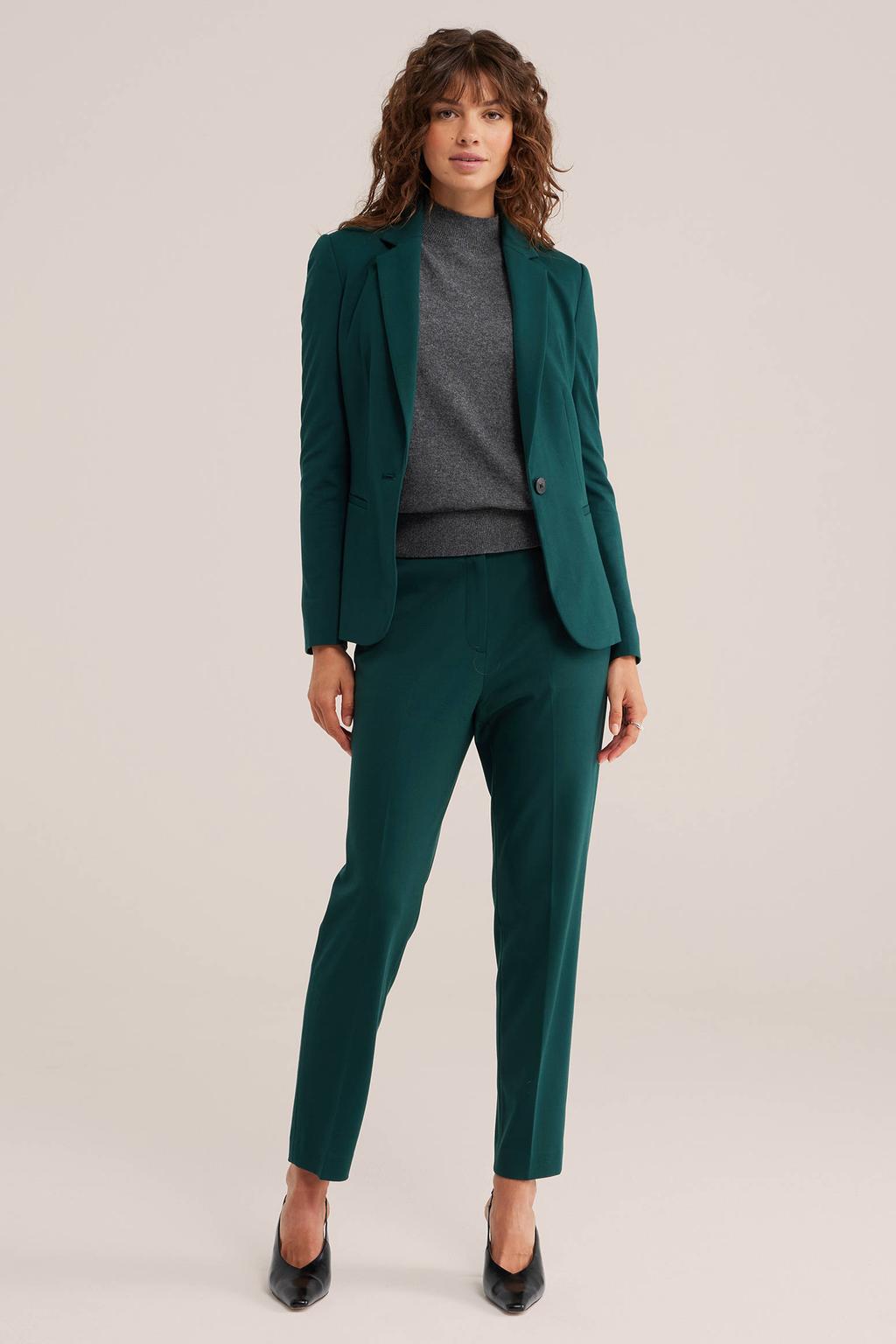 Donkergroene dames WE Fashion tapered pantalon van viscose met regular waist, rits- en knoopsluiting en effen