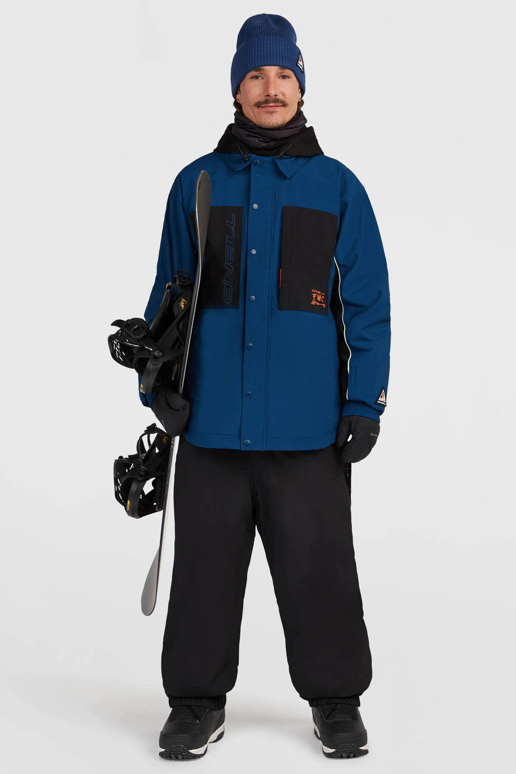 Blauw en zwarte heren O'Neill ski-jas van polyester met meerkleurige print, capuchon en ritssluiting