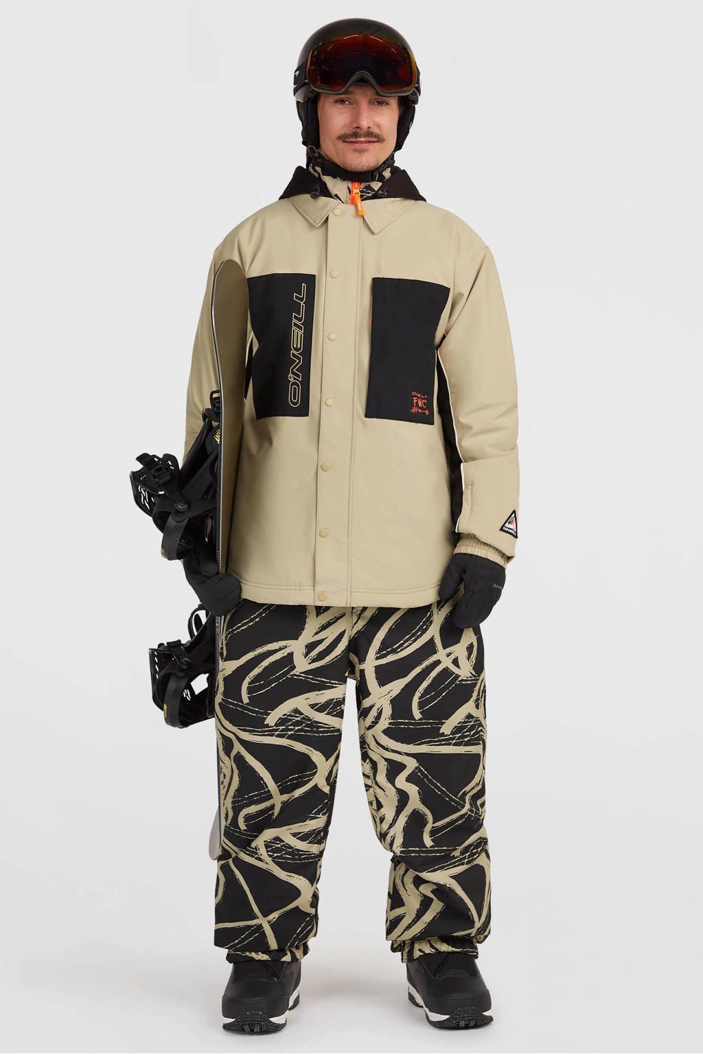 Zand en zwarte heren O'Neill ski-jas van polyester met meerkleurige print, capuchon en ritssluiting