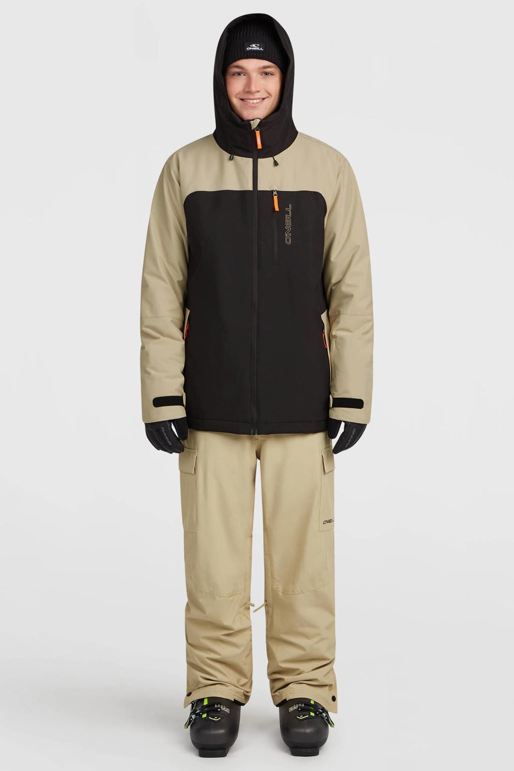 Zwart en zandkleurige heren O'Neill ski-jas van polyester met meerkleurige print, capuchon en ritssluiting