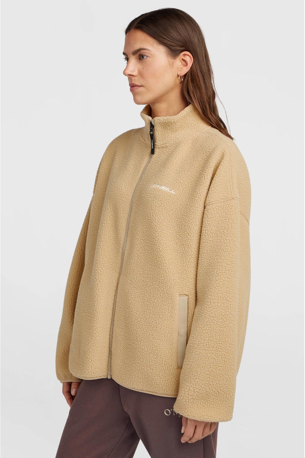 Camelkleurige dames O'Neill loose fit teddy outdoor vest met effen, lange mouwen en opstaande kraag