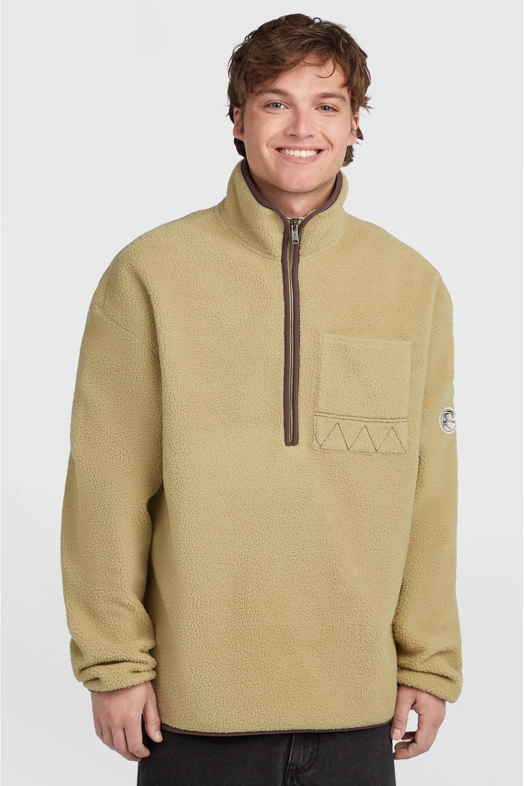 Beige heren O'Neill oversized fleecetrui met effen, lange mouwen, opstaande kraag en halve rits