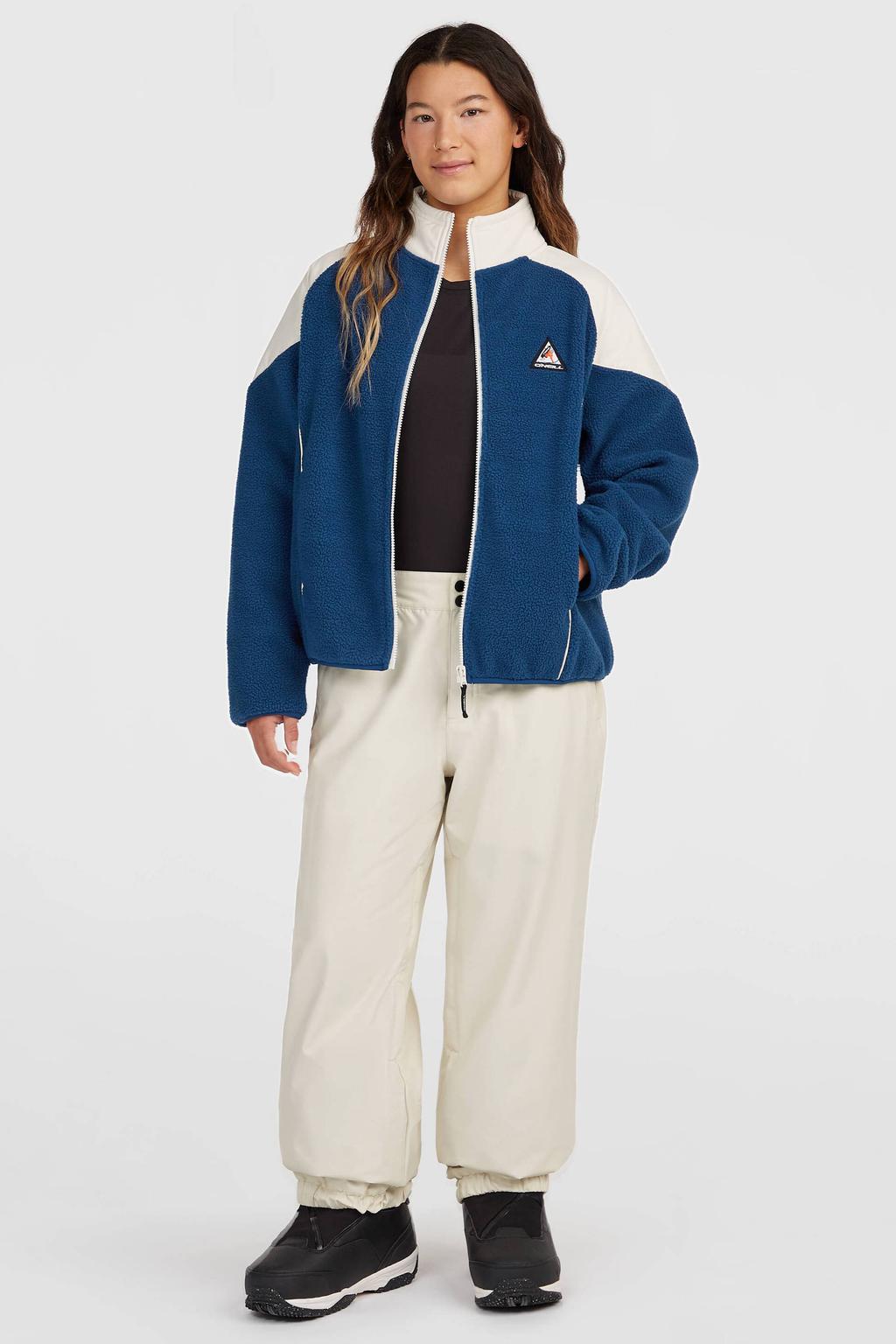 Blauw en witte dames O'Neill boxy teddy outdoor vest met lange mouwen, opstaande kraag en ritssluiting