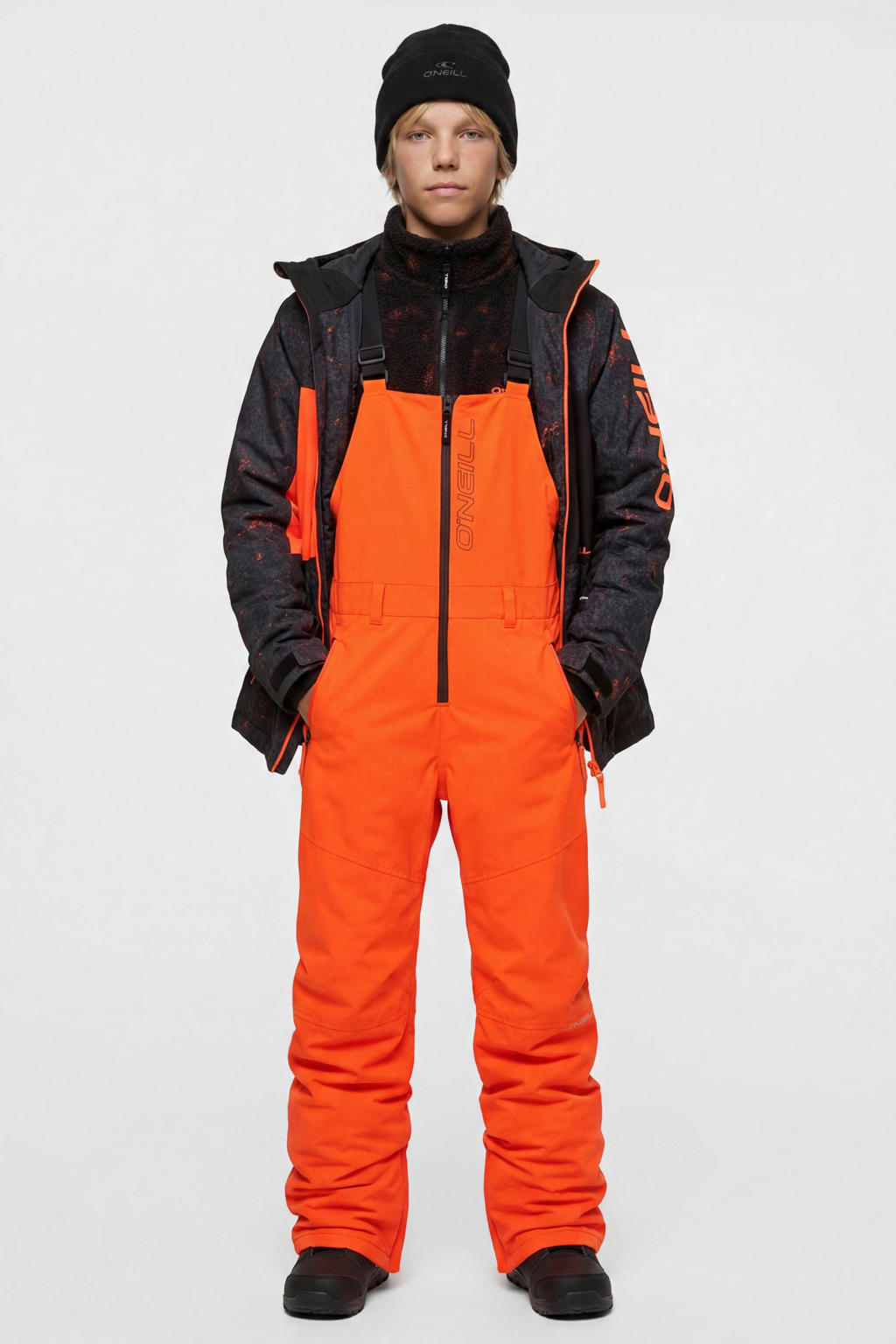 Zwart en oranje jongens en meisjes O'Neill ski-jas van polyester met capuchon en ritssluiting