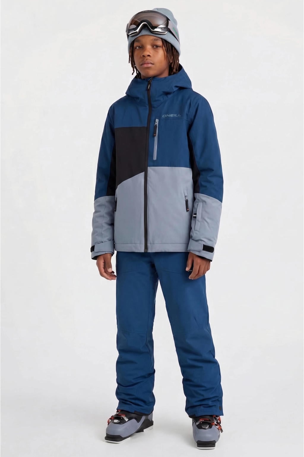 Blauwe jongens en meisjes O'Neill ski-jas van polyester met meerkleurige print, capuchon en ritssluiting