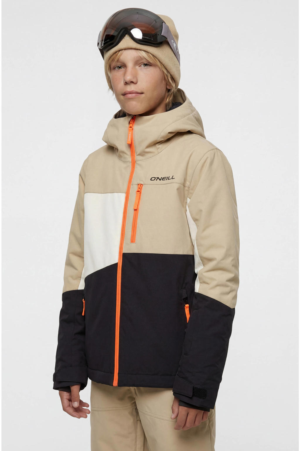 Zand en zwarte jongens en meisjes O'Neill ski-jas van polyester met meerkleurige print, capuchon en ritssluiting