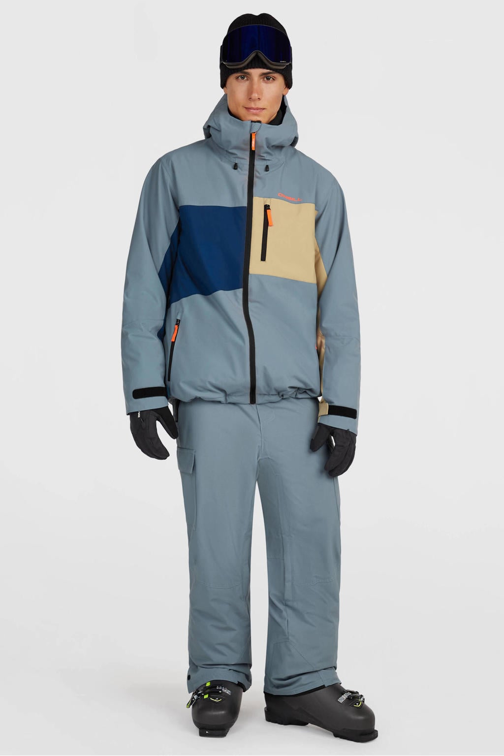 Blauw en beige heren O'Neill ski-jas van polyester met meerkleurige print, capuchon en ritssluiting
