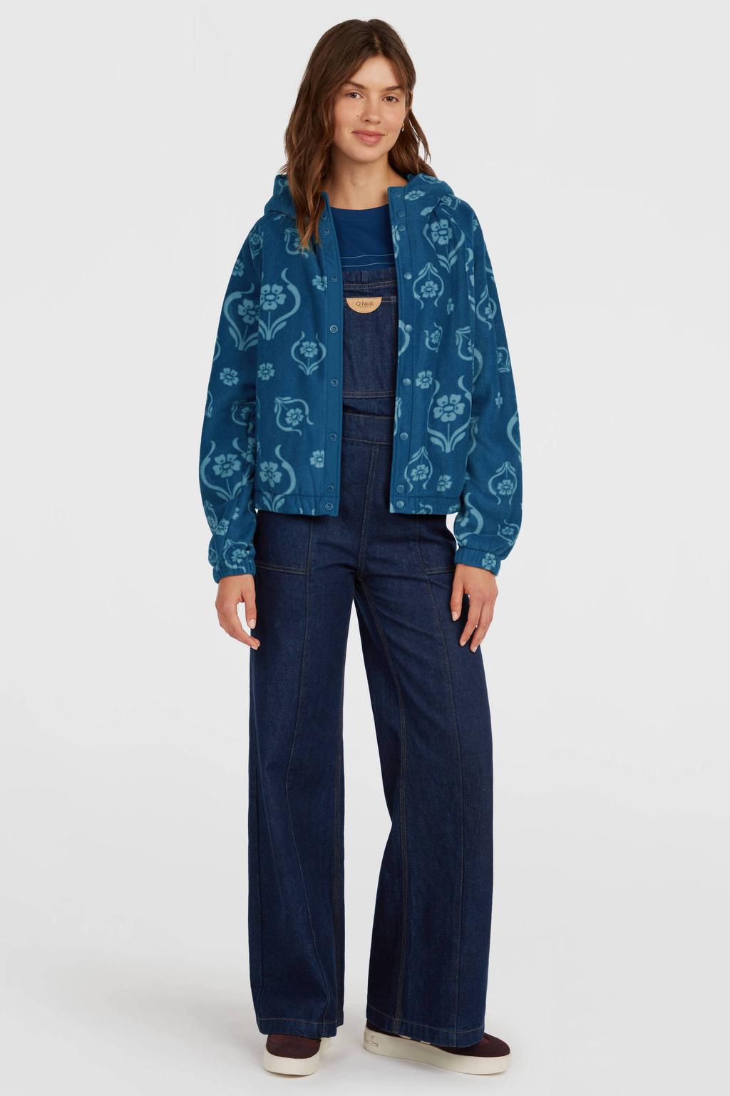 Blauwe dames O'Neill fleece gebloemd outdoor vest met lange mouwen, capuchon en ritssluiting